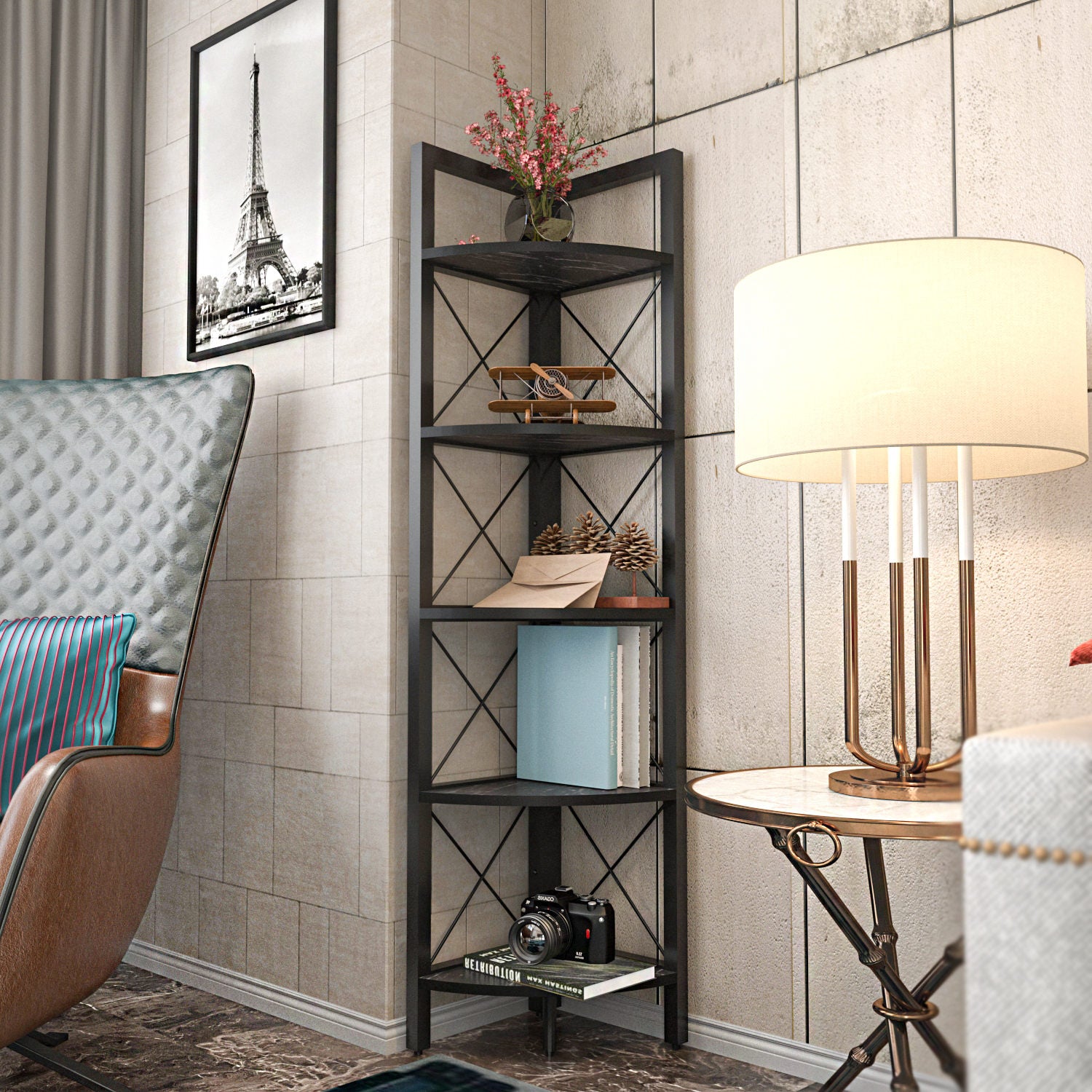 Estante Industrial Moderna, Preta, 160 cm de Altura | Painel de Partículas 100% Revestido em Melamina, 18 mm de Espessura | Armazenamento Elegante para Casa e Escritório