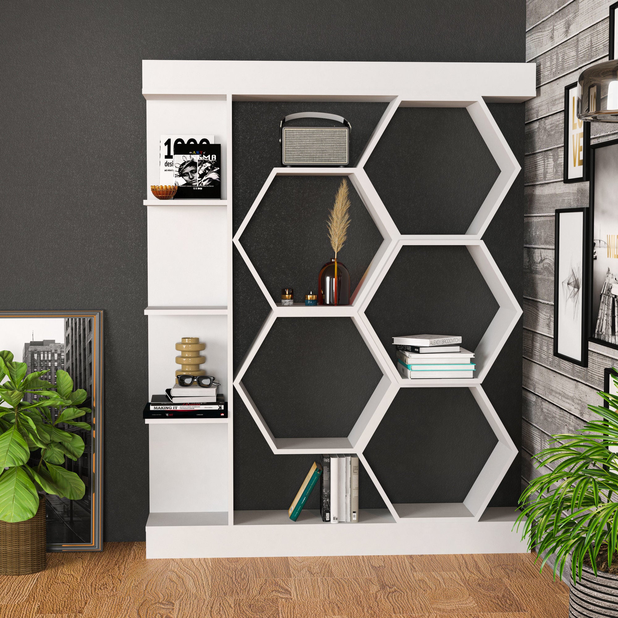 Estante branca moderna, 140 cm x 29,6 cm x 177,4 cm | Painel de partículas 100% revestido de melamina, 18 mm de espessura | Armazenamento elegante para casa e escritório