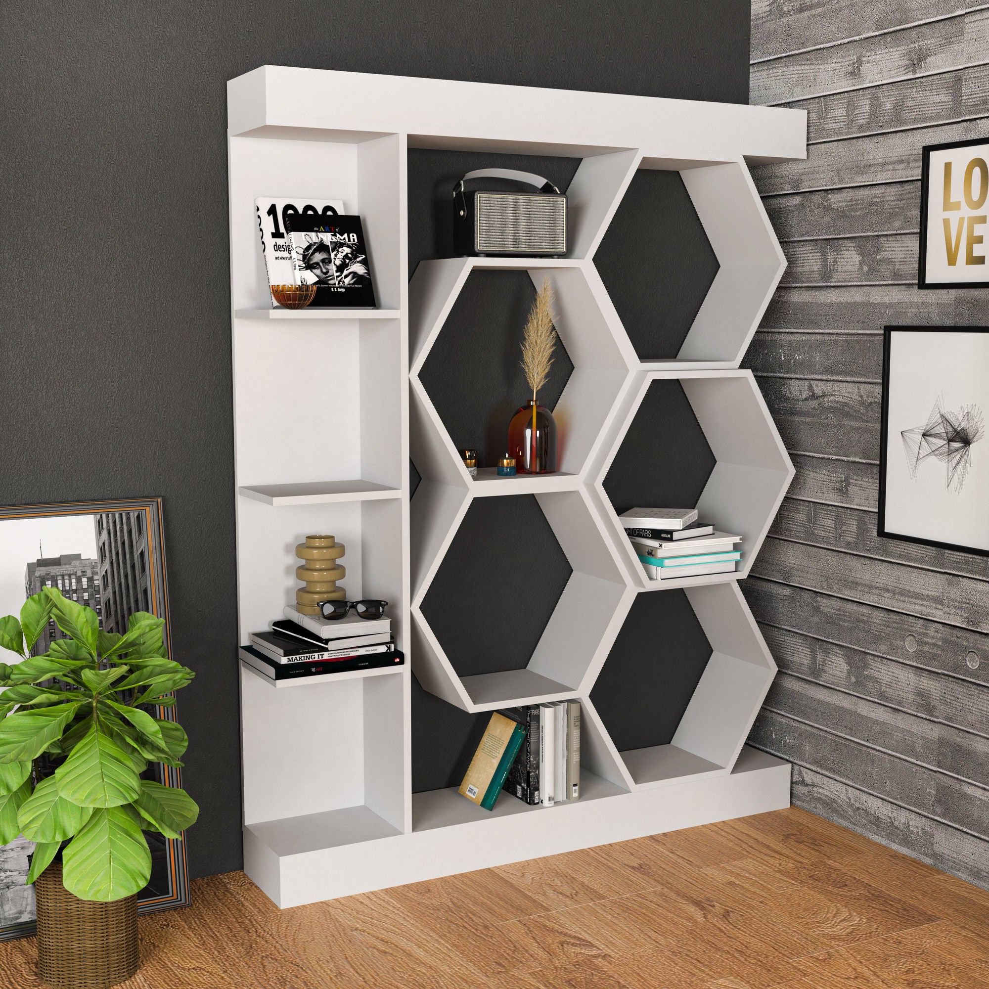 Estante branca moderna, 140 cm x 29,6 cm x 177,4 cm | Painel de partículas 100% revestido de melamina, 18 mm de espessura | Armazenamento elegante para casa e escritório