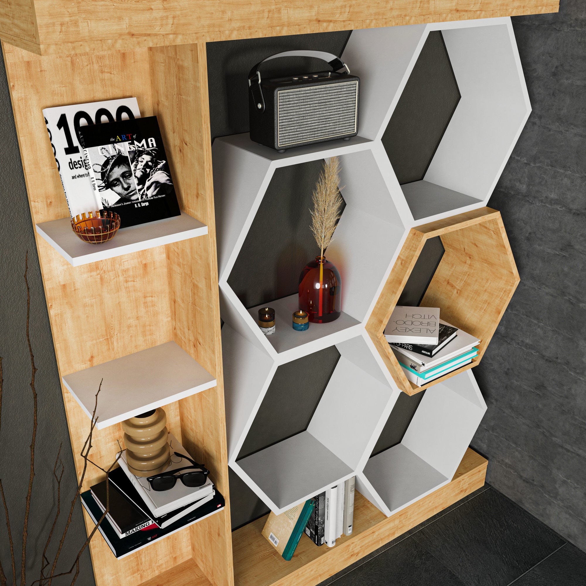 Estante moderna, branca e carvalho, 140 x 29,6 x 177,4 cm | Painel de partículas 100% revestido de melamina, 18 mm de espessura | Armazenamento elegante para casa e escritório