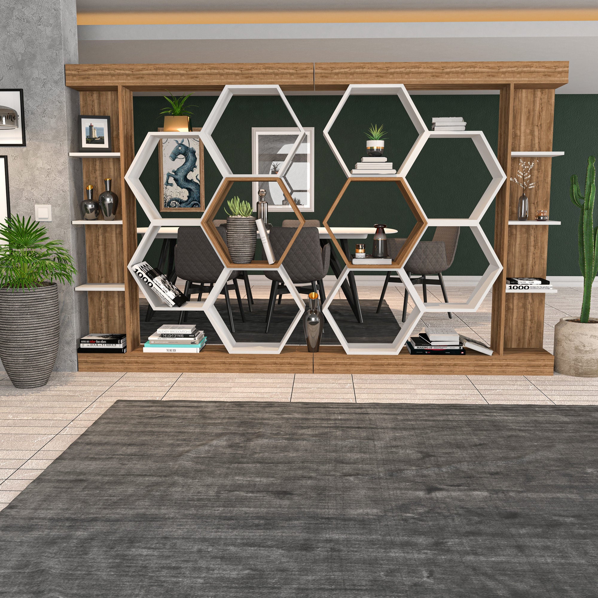 Estante moderna, branca e nogueira, 140 x 29,6 x 177,4 cm | Painel de partículas 100% revestido de melamina, 18 mm de espessura | Armazenamento elegante para casa e escritório