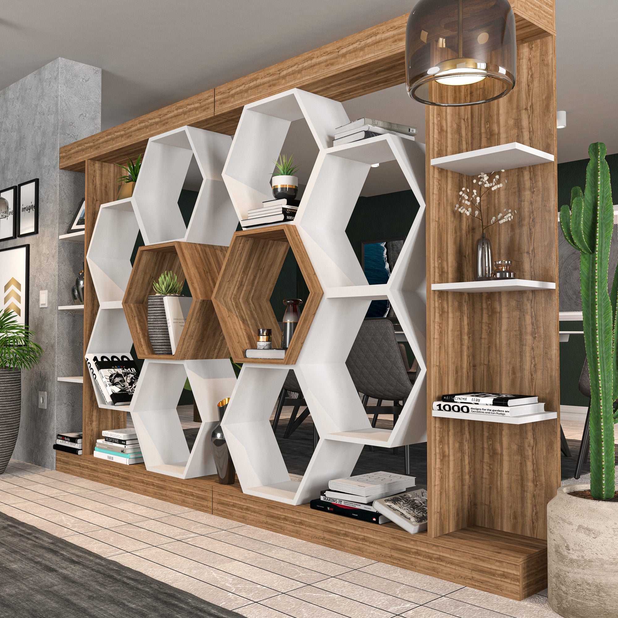 Estante moderna, branca e nogueira, 140 x 29,6 x 177,4 cm | Painel de partículas 100% revestido de melamina, 18 mm de espessura | Armazenamento elegante para casa e escritório