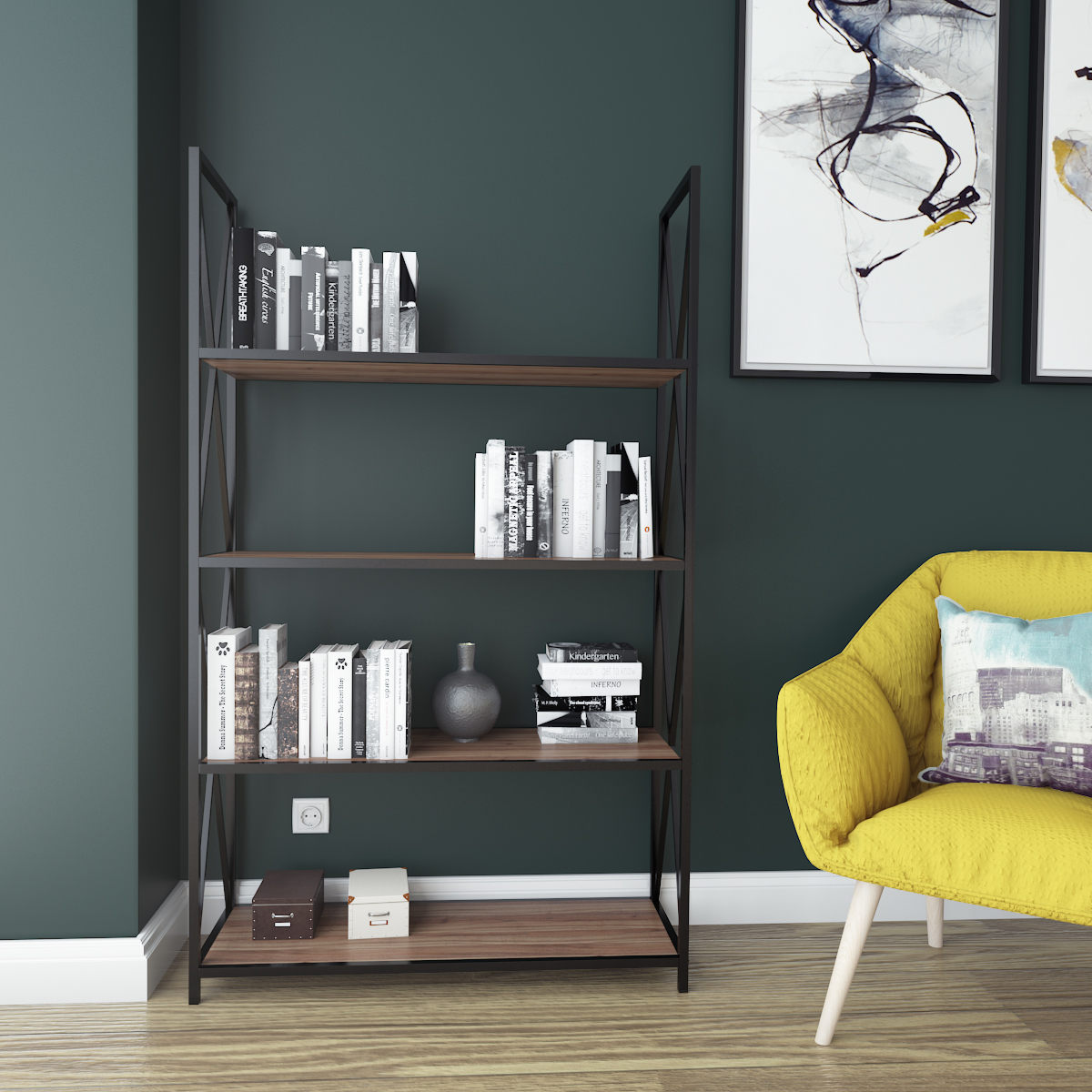 Estante Industrial Moderna, Nogueira e Preto, 94 x 33 x 150 cm | Painel de Partículas 100% Revestido com Melamina, 18 mm de Espessura, Estrutura de Metal Resistente | Solução de Armazenamento Elegante