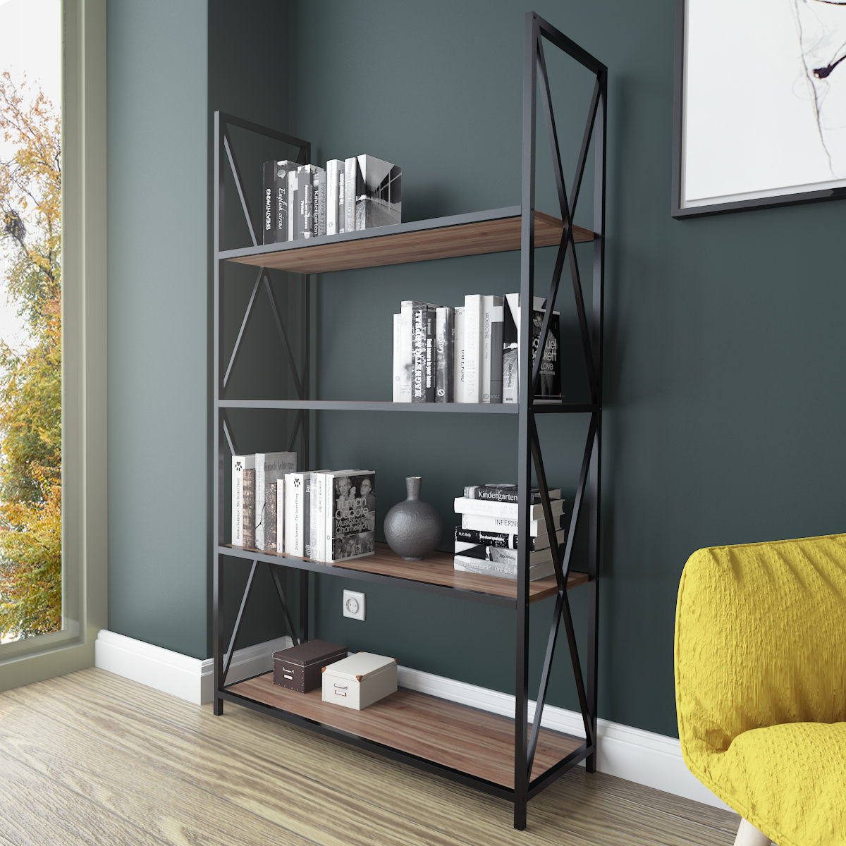 Estante Industrial Moderna, Nogueira e Preto, 94 x 33 x 150 cm | Painel de Partículas 100% Revestido com Melamina, 18 mm de Espessura, Estrutura de Metal Resistente | Solução de Armazenamento Elegante