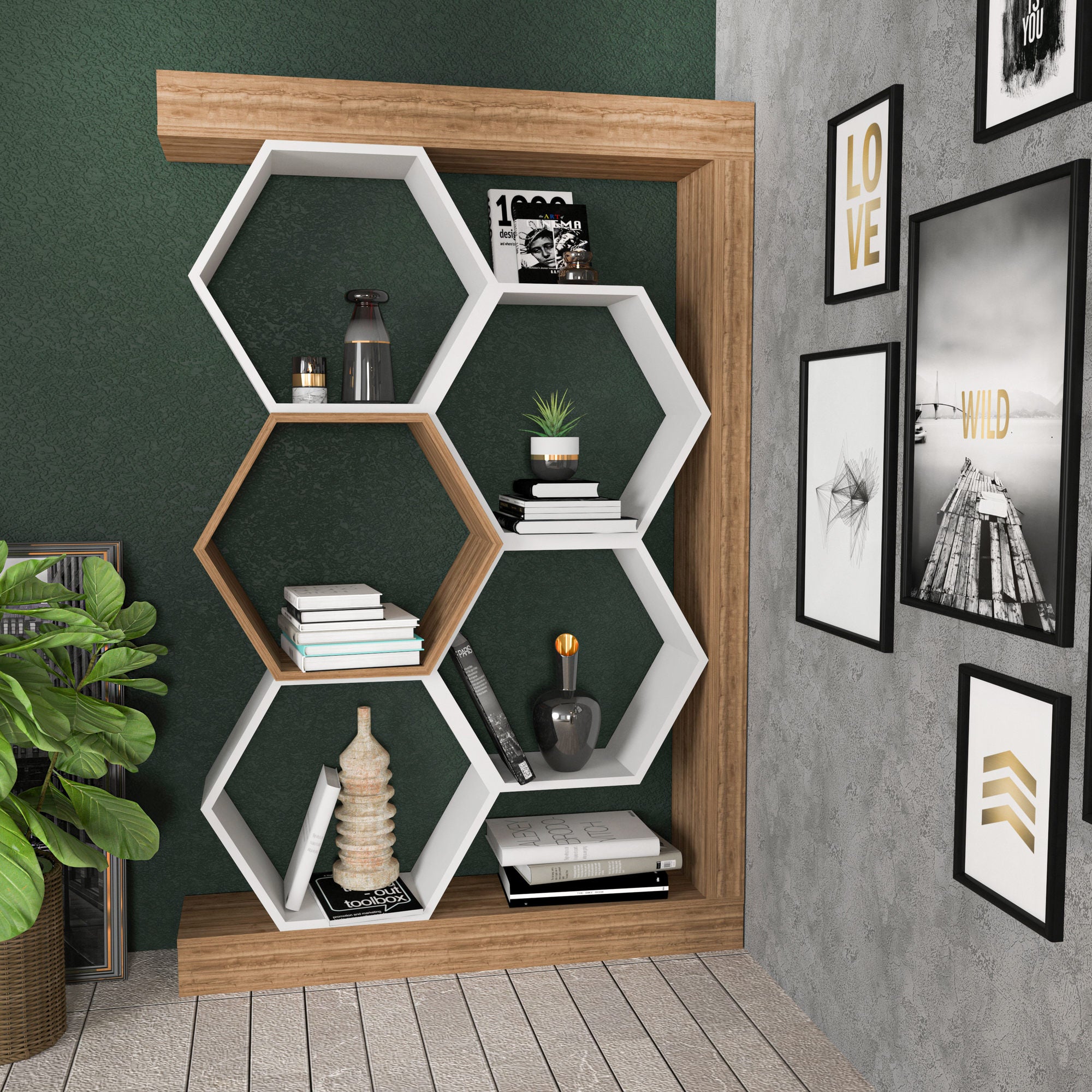 Estante moderna, branca e nogueira, 90 x 24,6 x 140 cm | Painel de partículas 100% revestido de melamina, 18 mm de espessura | Armazenamento elegante para casa e escritório