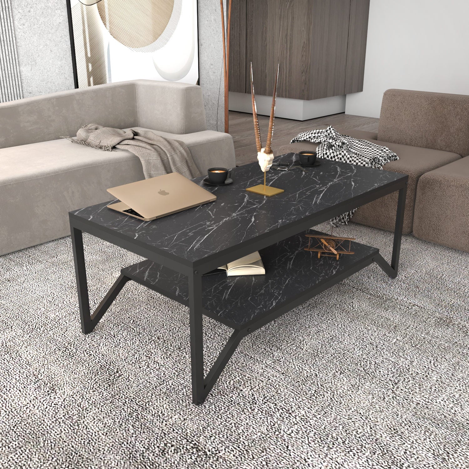 Mesa de Centro Preta Moderna, 120 x 60 x 45,8 cm | Painel de Partículas 100% Revestido em Melamina, 18 mm de Espessura | Elegante e Funcional para Sala de Estar e Escritório