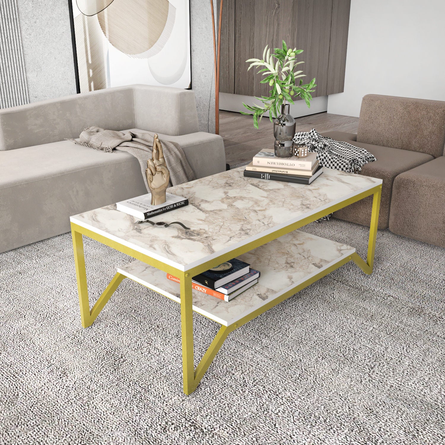 Mesa de Centro Moderna Glamour, Dourada e Branca, 120 x 60 x 45,8 cm | Painel de Partículas 100% Revestido em Melamina, 18 mm de Espessura | Elegante e Funcional para Espaços de Convivência