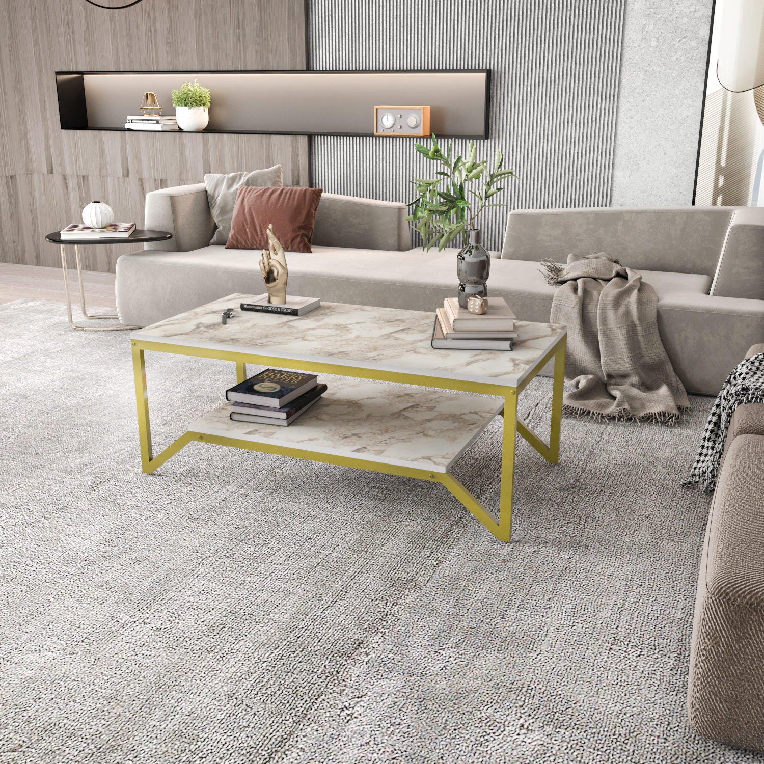 Mesa de Centro Moderna Glamour, Dourada e Branca, 120 x 60 x 45,8 cm | Painel de Partículas 100% Revestido em Melamina, 18 mm de Espessura | Elegante e Funcional para Espaços de Convivência