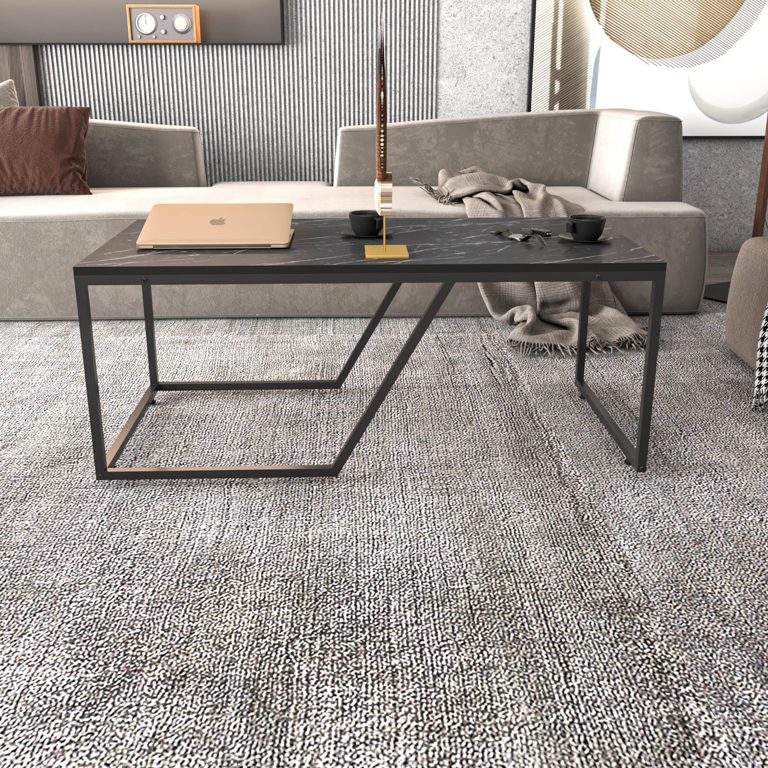 Mesa de Centro Preta Moderna, 120 x 60 x 48 cm | Painel de Partículas 100% Revestido em Melamina, 18 mm de Espessura | Design Elegante e Funcional para Espaços de Vida Contemporâneos