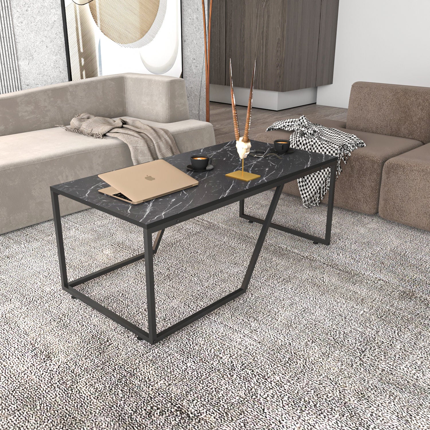 Mesa de Centro Preta Moderna, 120 x 60 x 48 cm | Painel de Partículas 100% Revestido em Melamina, 18 mm de Espessura | Design Elegante e Funcional para Espaços de Vida Contemporâneos