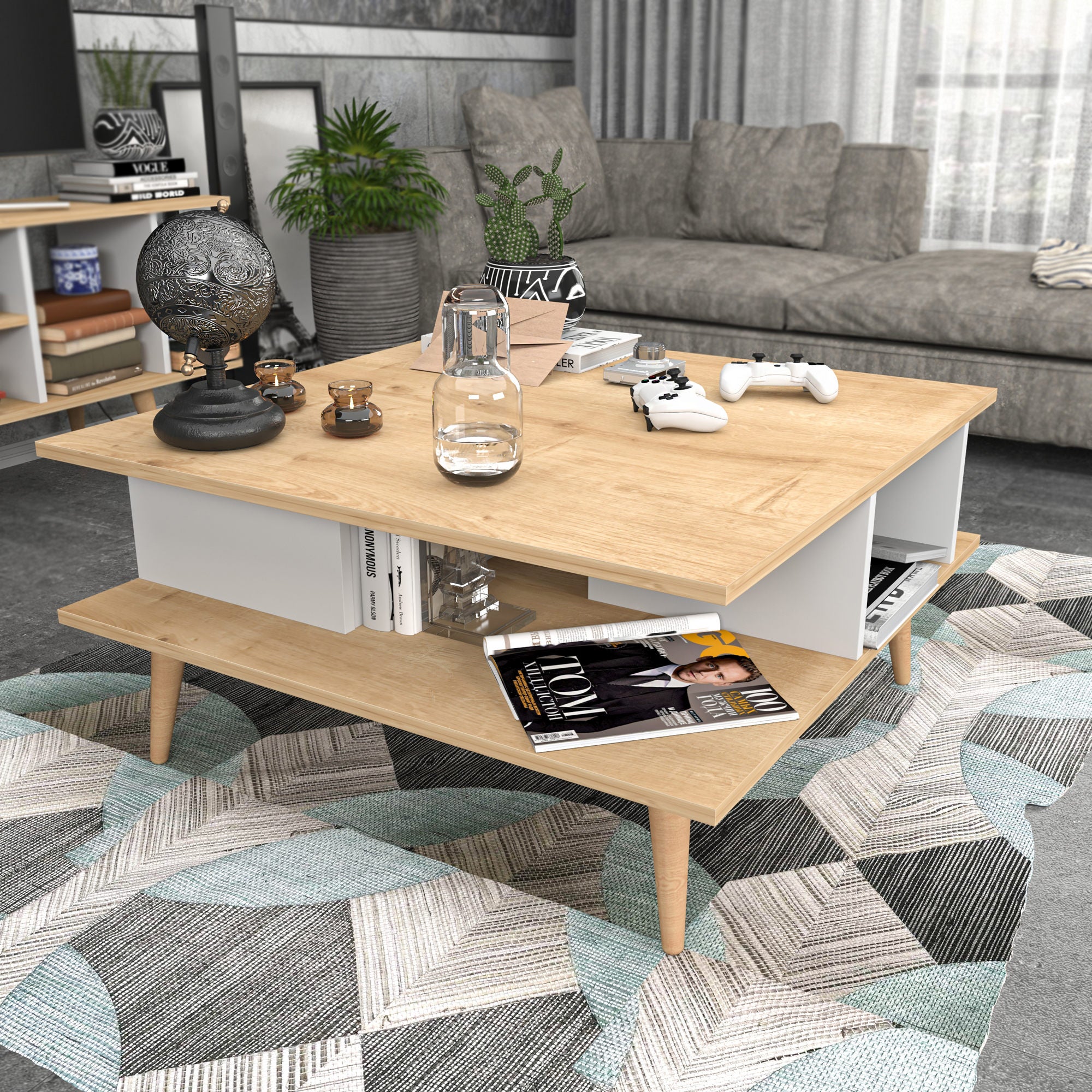 Mesa de Centro Moderna, Carvalho e Branco, 89 x 89 x 44 cm | Painel de Partículas 100% Revestido em Melamina, 18 mm de Espessura | Elegante e Funcional para Qualquer Espaço