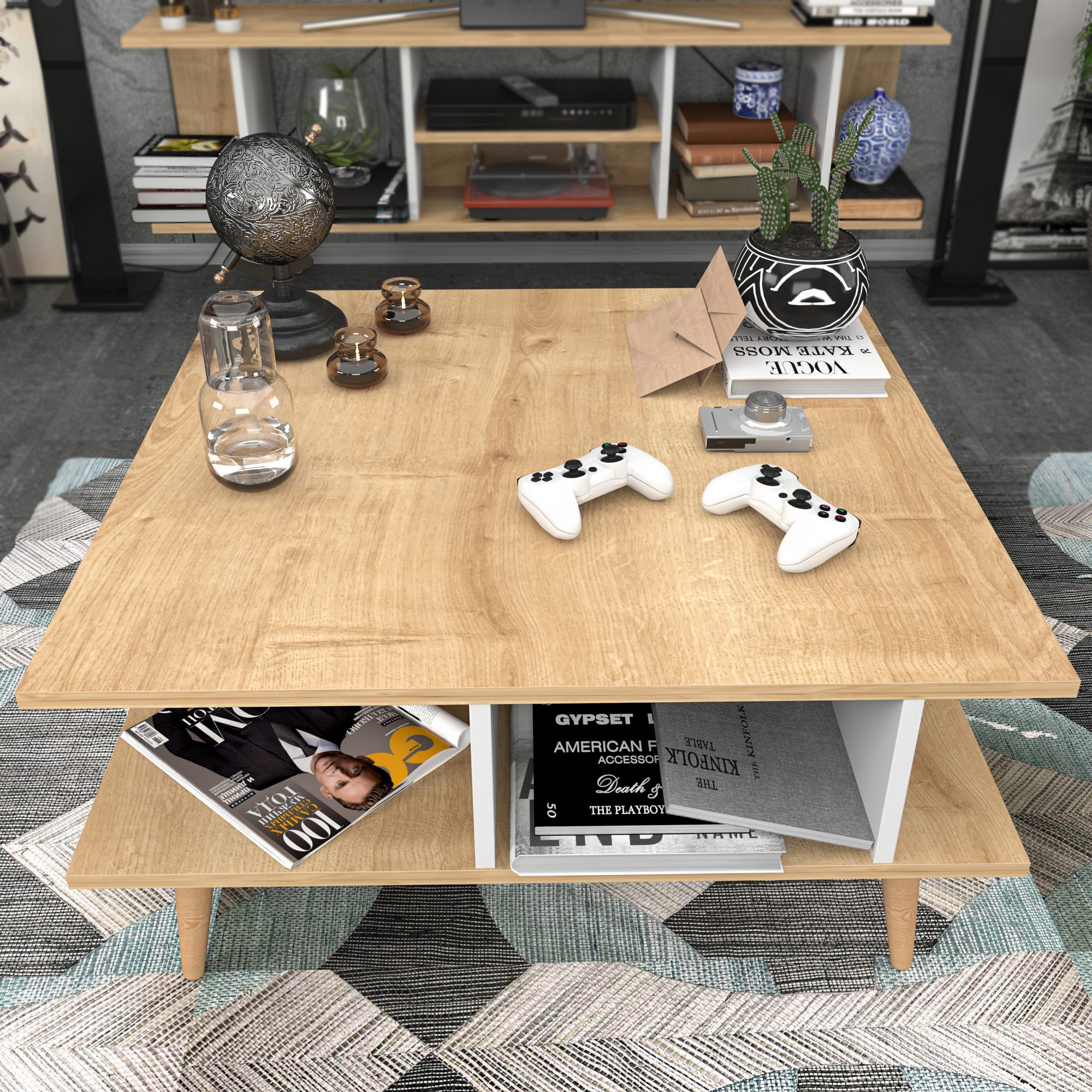 Mesa de Centro Moderna, Carvalho e Branco, 89 x 89 x 44 cm | Painel de Partículas 100% Revestido em Melamina, 18 mm de Espessura | Elegante e Funcional para Qualquer Espaço