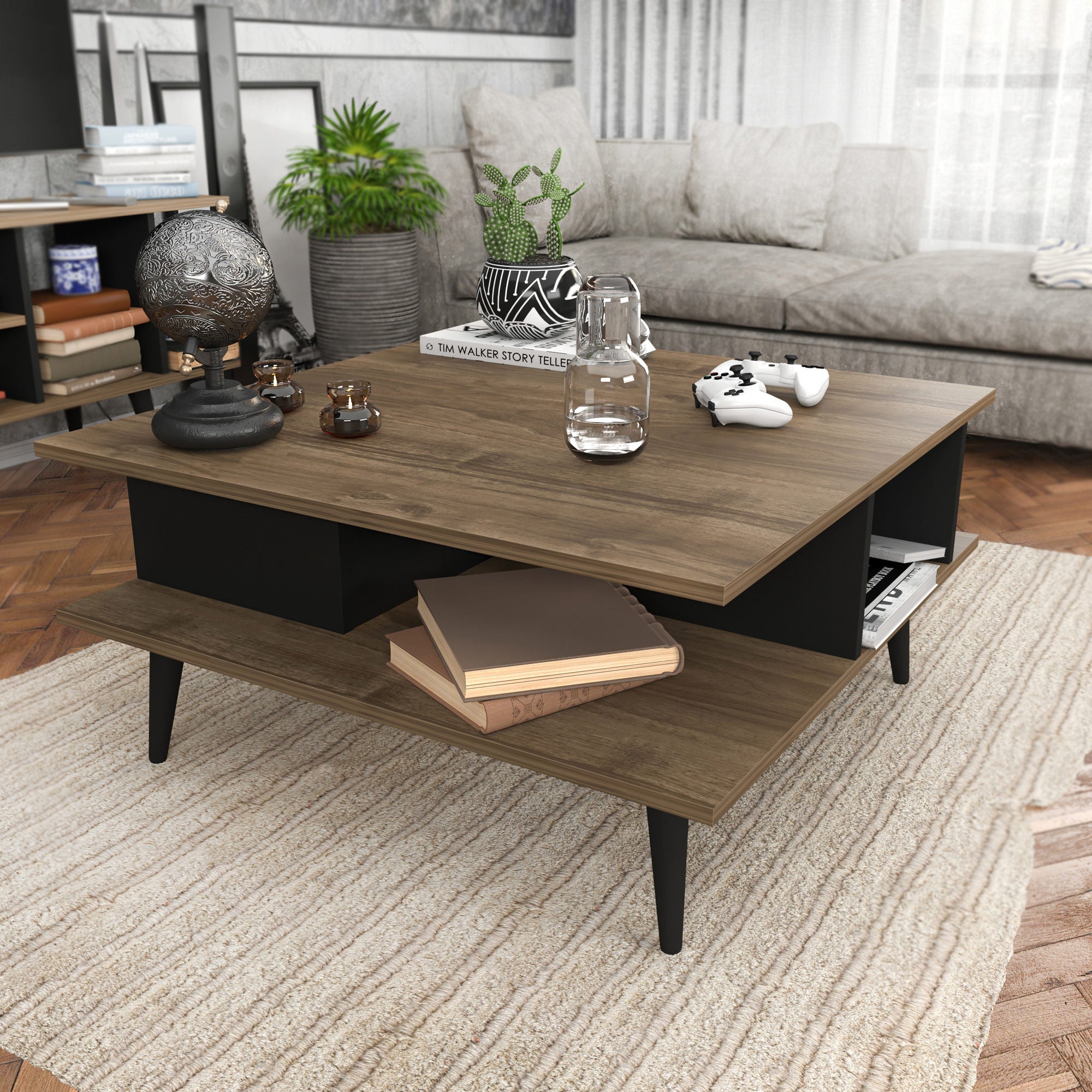 Mesa de Centro Moderna, Nogueira e Preto, 89 x 89 x 44 cm | Painel de Partículas 100% Revestido em Melamina, 18 mm de Espessura | Elegante e Funcional para Qualquer Espaço