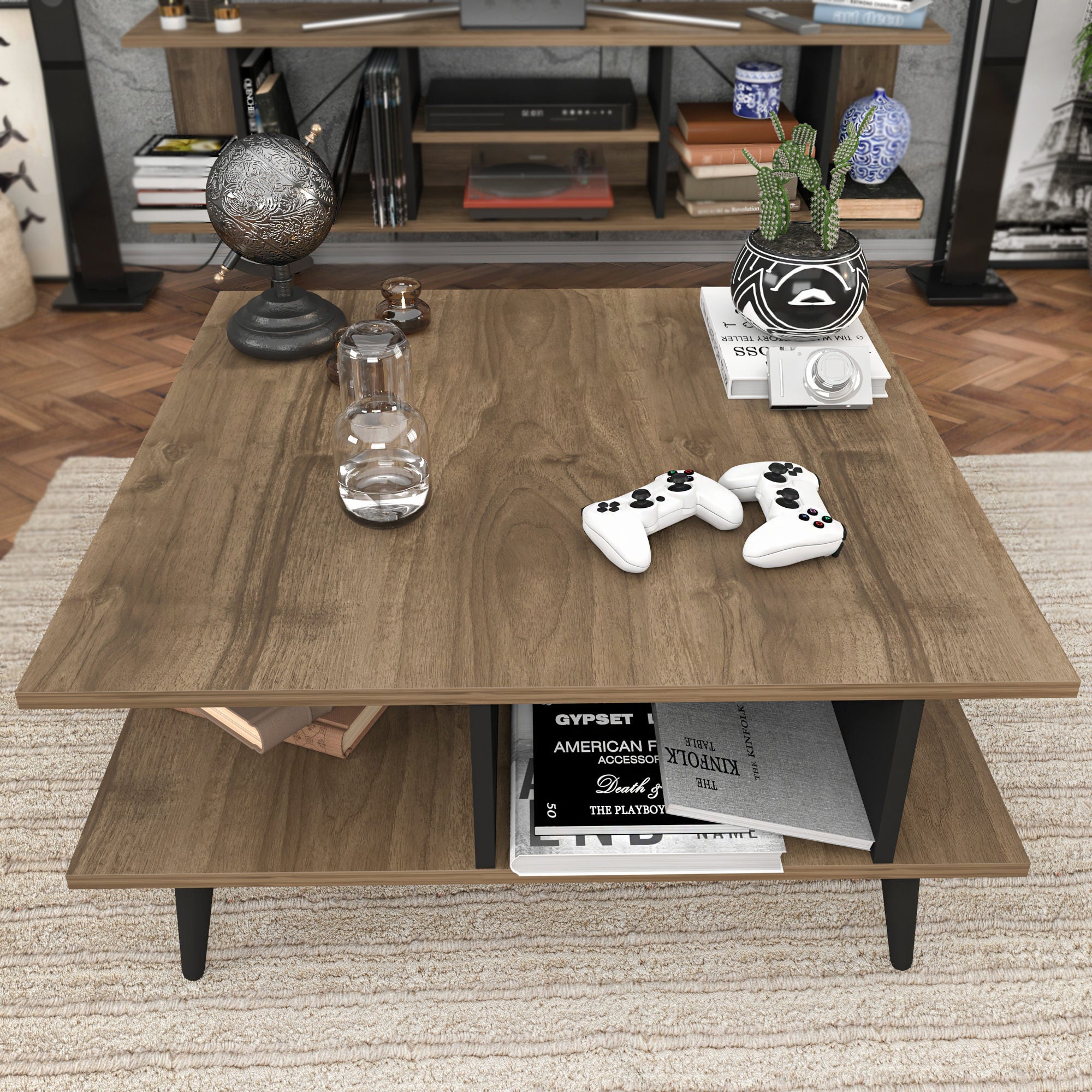 Mesa de Centro Moderna, Nogueira e Preto, 89 x 89 x 44 cm | Painel de Partículas 100% Revestido em Melamina, 18 mm de Espessura | Elegante e Funcional para Qualquer Espaço