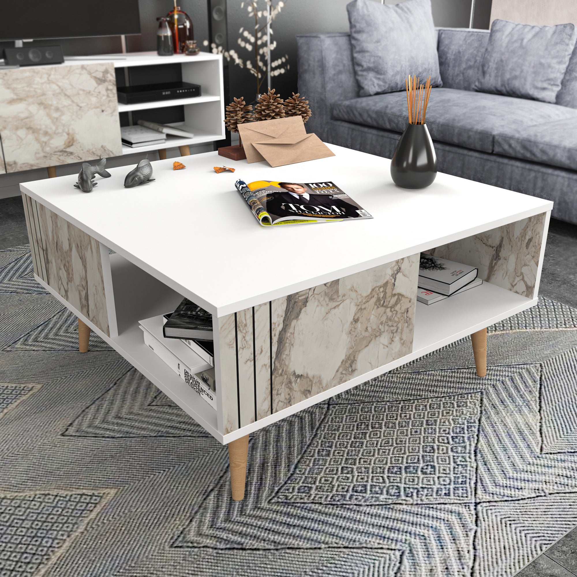 Mesa de Centro Branca Moderna, 89,6 x 89,6 x 46,5 cm | Painel de Partículas 100% Revestido em Melamina, 18 mm de Espessura | Elegante e Funcional para Qualquer Espaço