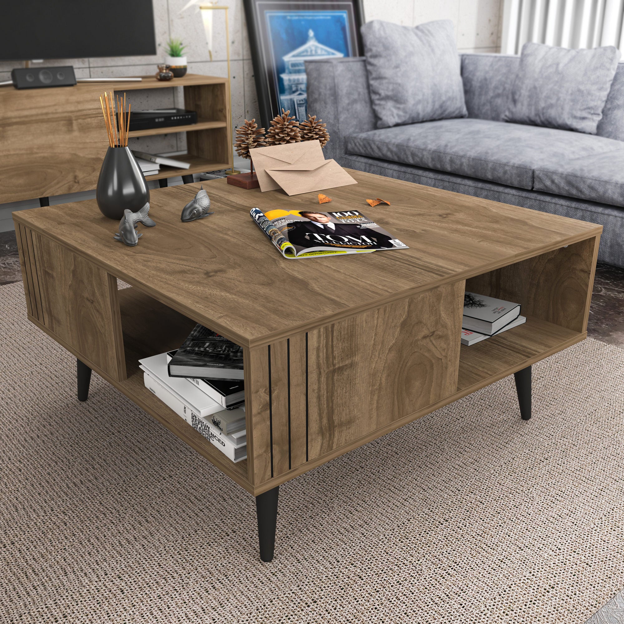 Mesa de Centro Elegante em Nogueira, 89,6 x 89,6 x 46,5 cm | Painel de Partículas 100% Revestido em Melamina, 18 mm de Espessura | Perfeita para Decoração de Cabanas/Lodges, Elegante e Durável