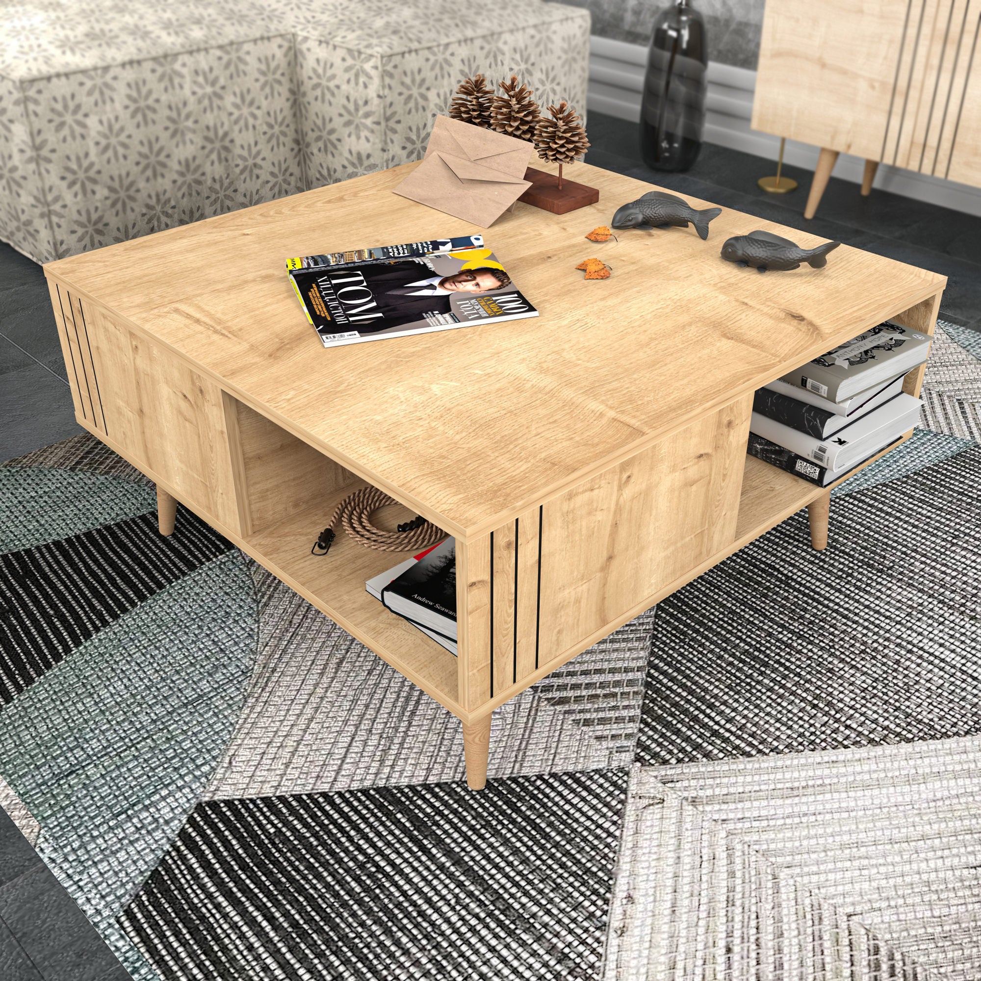 Mesa de Centro Moderna em Carvalho, 89,6 x 89,6 x 46,5 cm | Painel de Partículas 100% Revestido em Melamina, 18 mm de Espessura | Design Escandinavo para Espaços de Vida Elegantes