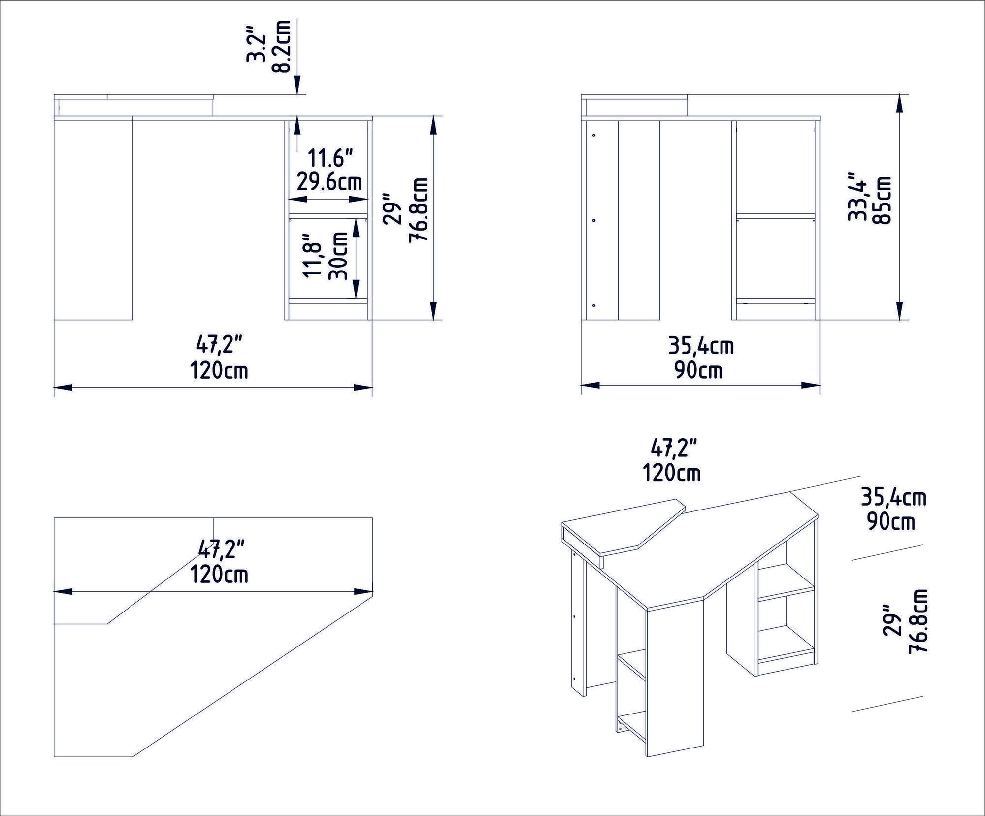 Secretária de Estudo/Escritório Moderna, Branca, 120 x 90 x 76,8 cm | Painel de Partículas 100% Revestido em Melamina, 18 mm de Espessura | Design Elegante para Escritórios e Espaços de Estudo