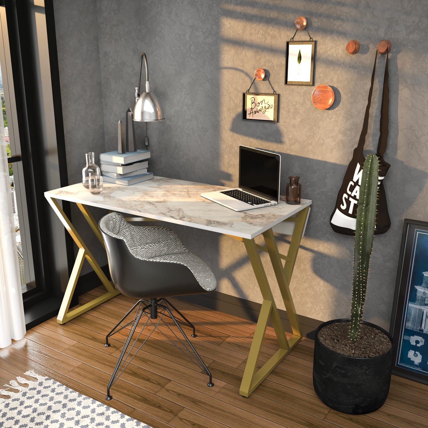 Secretária de Estudo/Escritório Moderna, Branca e Dourada, 120 x 60 x 75 cm | Painel de Partículas 100% Revestido em Melamina, 18 mm de Espessura | Design Elegante e Glamouroso para Escritório em Casa
