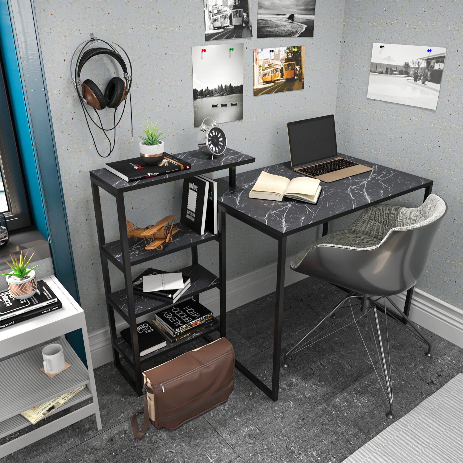 Secretária de Estudo/Escritório Moderna, Preta, 133 x 60 x 76,8 cm | Painel de Partículas 100% Revestido em Melamina, 18 mm de Espessura, Estrutura de Metal Resistente | Elegante e Funcional para Escritório em Casa