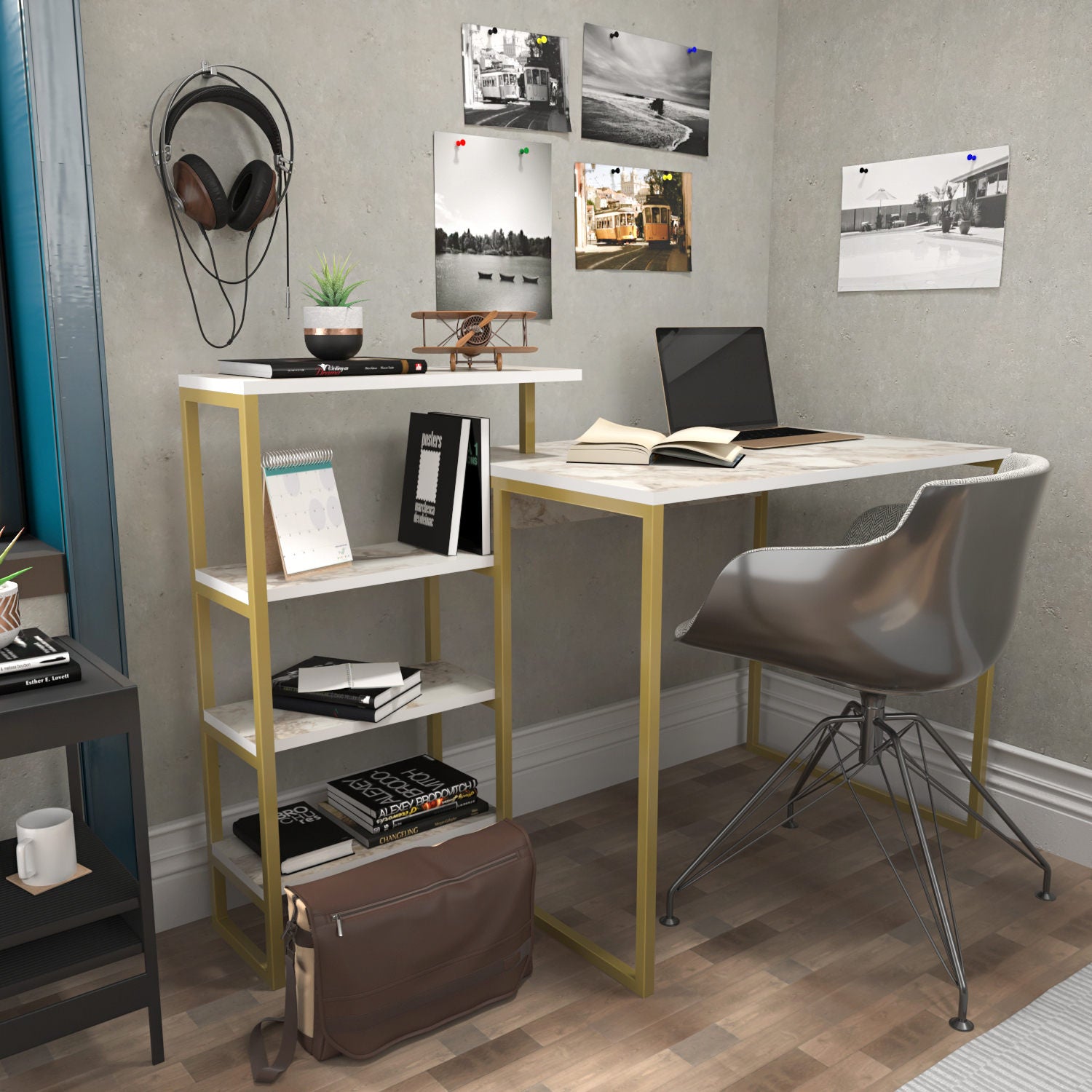 Secretária de Estudo/Escritório Moderna em Ouro, 133 cm x 60 cm x 76,8 cm | Painel de Partículas 100% Revestido em Melamina e Estrutura de Metal, 18 mm de Espessura | Design Elegante e Glamouroso para Escritório em Casa