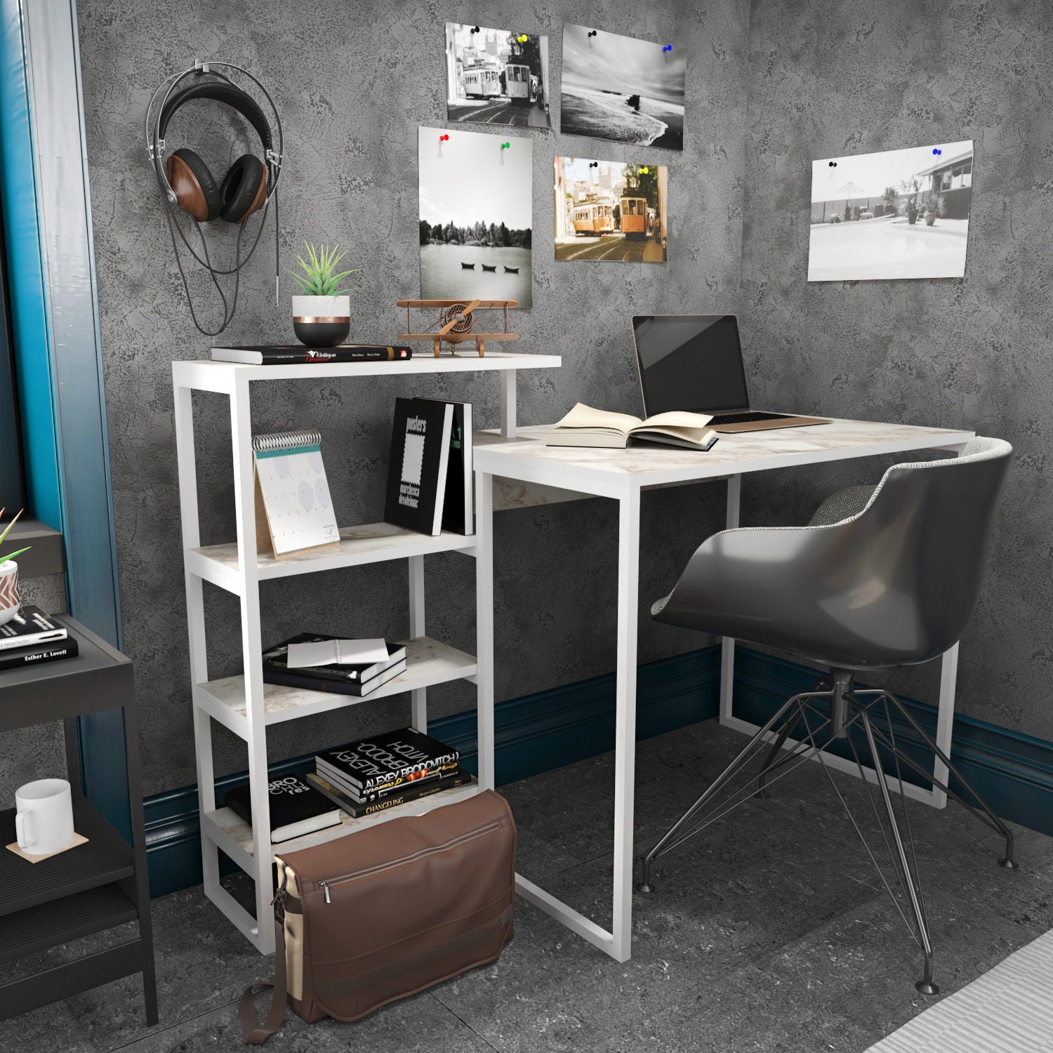 Secretária de Estudo/Escritório Moderna, Branca, 133 x 60 x 76,8 cm | Painel de Partículas 100% Revestido em Melamina, 18 mm de Espessura, Estrutura de Metal Resistente | Elegante e Funcional para Escritório em Casa