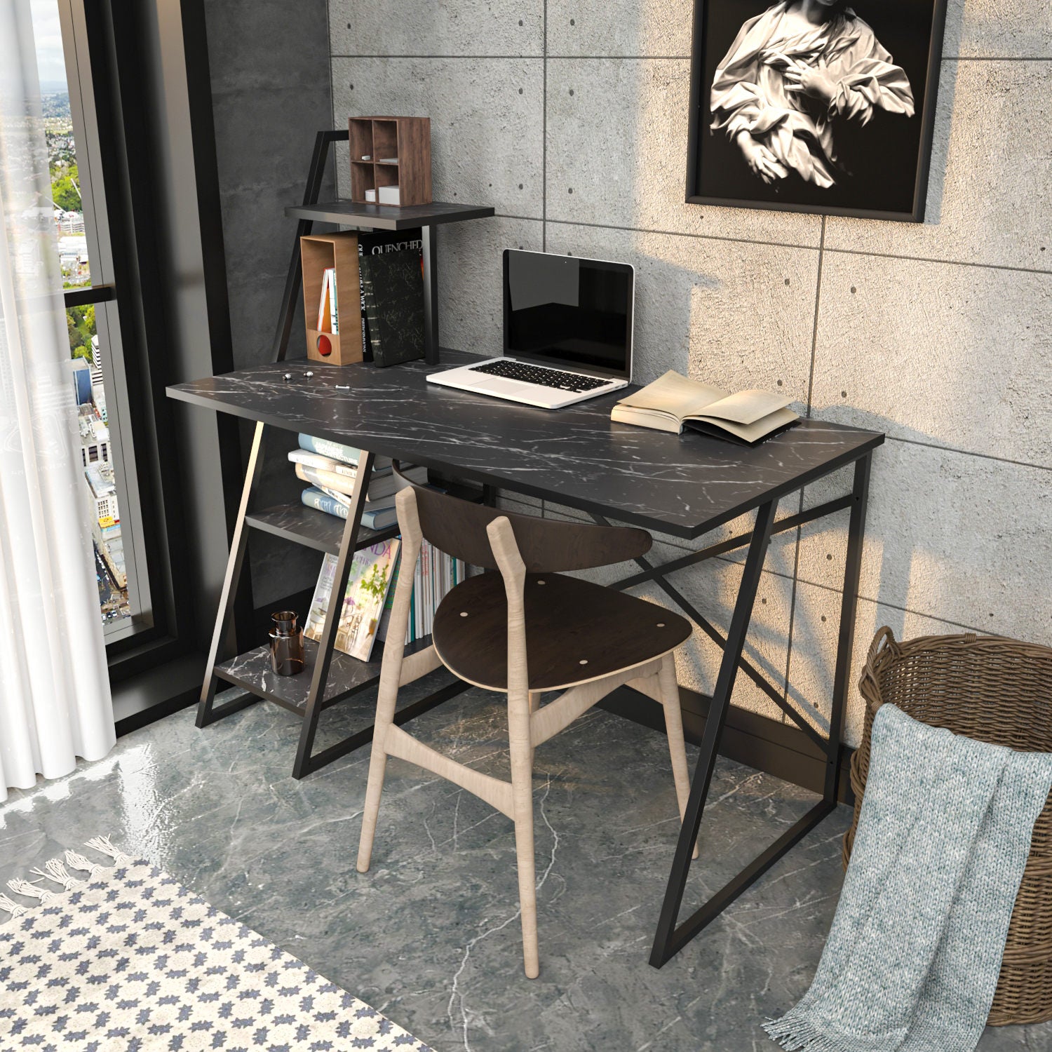 Secretária de Estudo/Escritório Moderna, Preto Antracite, 120 x 60 x 120 cm | Painel de Partículas 100% Revestido em Melamina, 18 mm de Espessura, Estrutura de Metal Resistente | Elegante e Funcional para Escritório em Casa