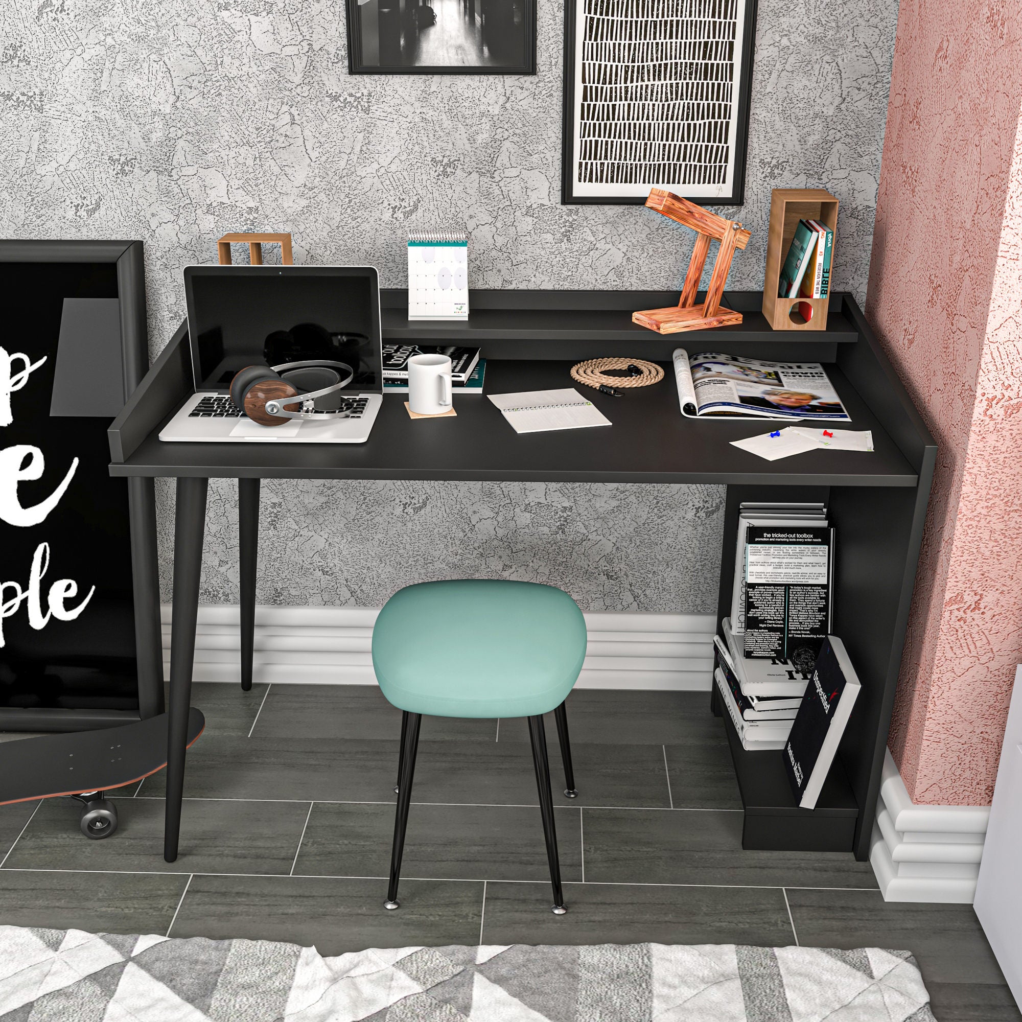 Secretária de Estudo/Escritório Preta Moderna, 121,8 x 59 x 88,3 cm | Painel de Partículas 100% Revestido em Melamina, 18 mm de Espessura | Elegante e Funcional para Uso Doméstico ou Hoteleiro