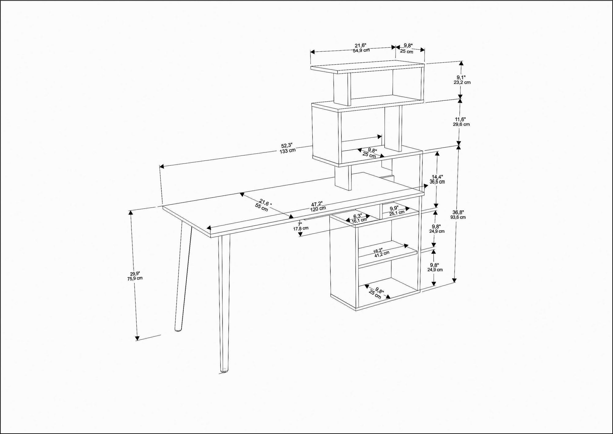 Secretária de Estudo/Escritório Moderna, Branca, 133 x 55 x 146,4 cm | Painel de Partículas 100% Revestido em Melamina, 18 mm de Espessura | Elegante e Funcional para Escritório e Estudo em Casa