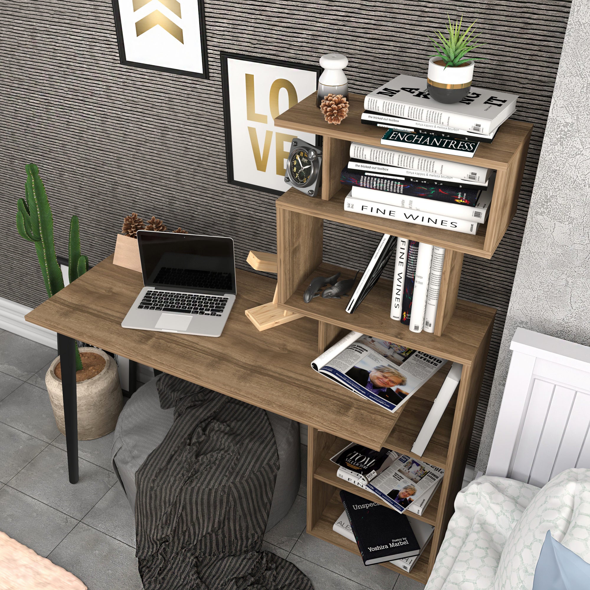 Secretária de Estudo/Escritório Moderna, Cor Nogueira, 133 x 55 x 146,4 cm | Painel de Partículas 100% Revestido em Melamina, 18 mm de Espessura | Elegante e Funcional para Escritório em Casa