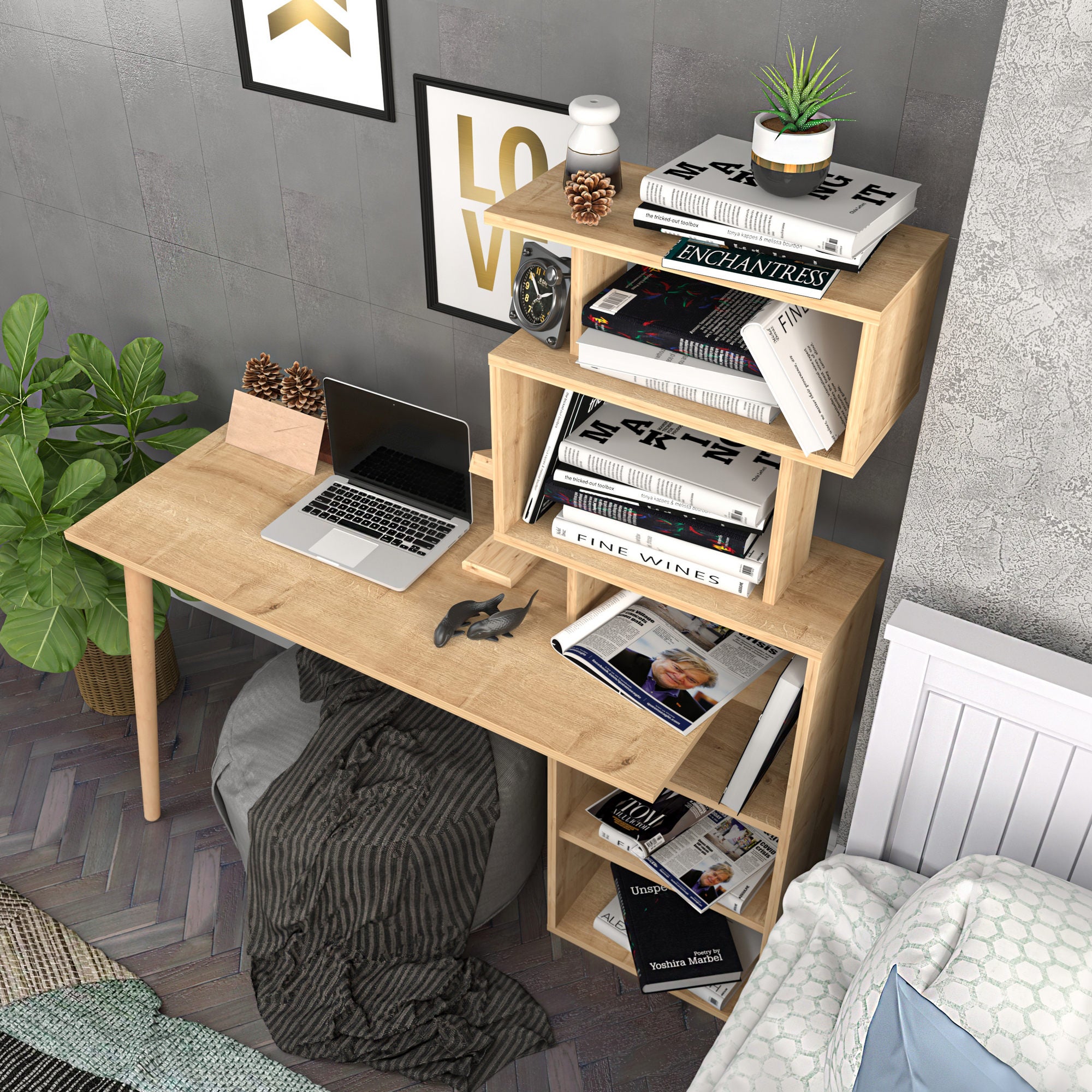 Secretária de Estudo/Escritório Escandinava Moderna, Cor Carvalho, 133 x 55 x 146,4 cm | Painel de Partículas 100% Revestido em Melamina, 18 mm de Espessura | Elegante e Funcional para Escritório em Casa