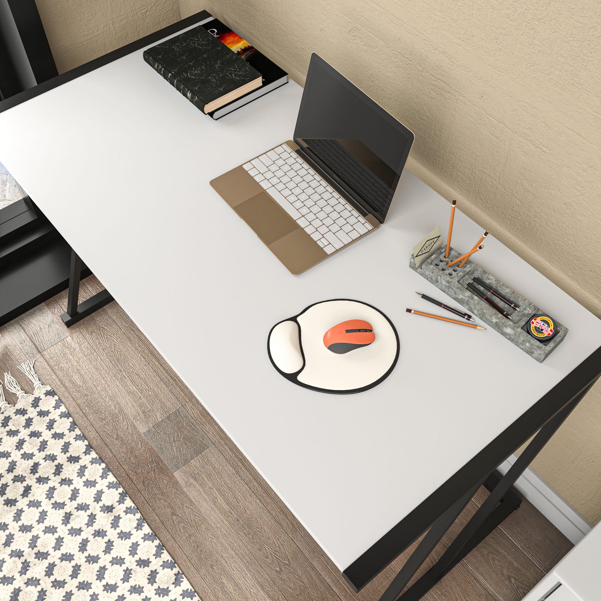 Secretária de Estudo/Escritório Moderna, Preta e Branca, 114 x 60 x 75 cm | Painel de Partículas 100% Revestido em Melamina, 18 mm de Espessura | Estrutura de Metal Resistente, Ideal para Uso Doméstico e Hoteleiro