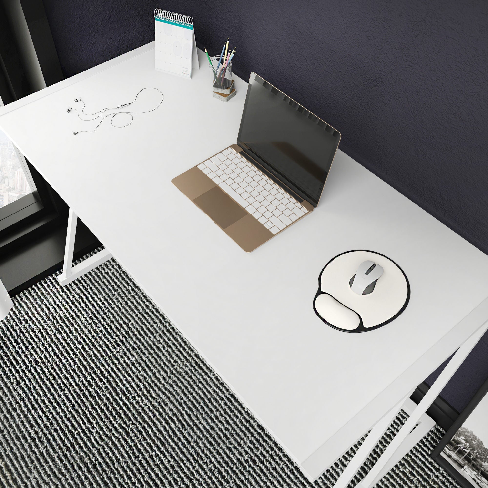 Secretária de Estudo/Escritório Moderna, Branca, 114 x 60 x 75 cm | Painel de Partículas 100% Revestido em Melamina, 18 mm de Espessura, Estrutura de Metal Resistente | Ideal para Uso Residencial e Hoteleiro