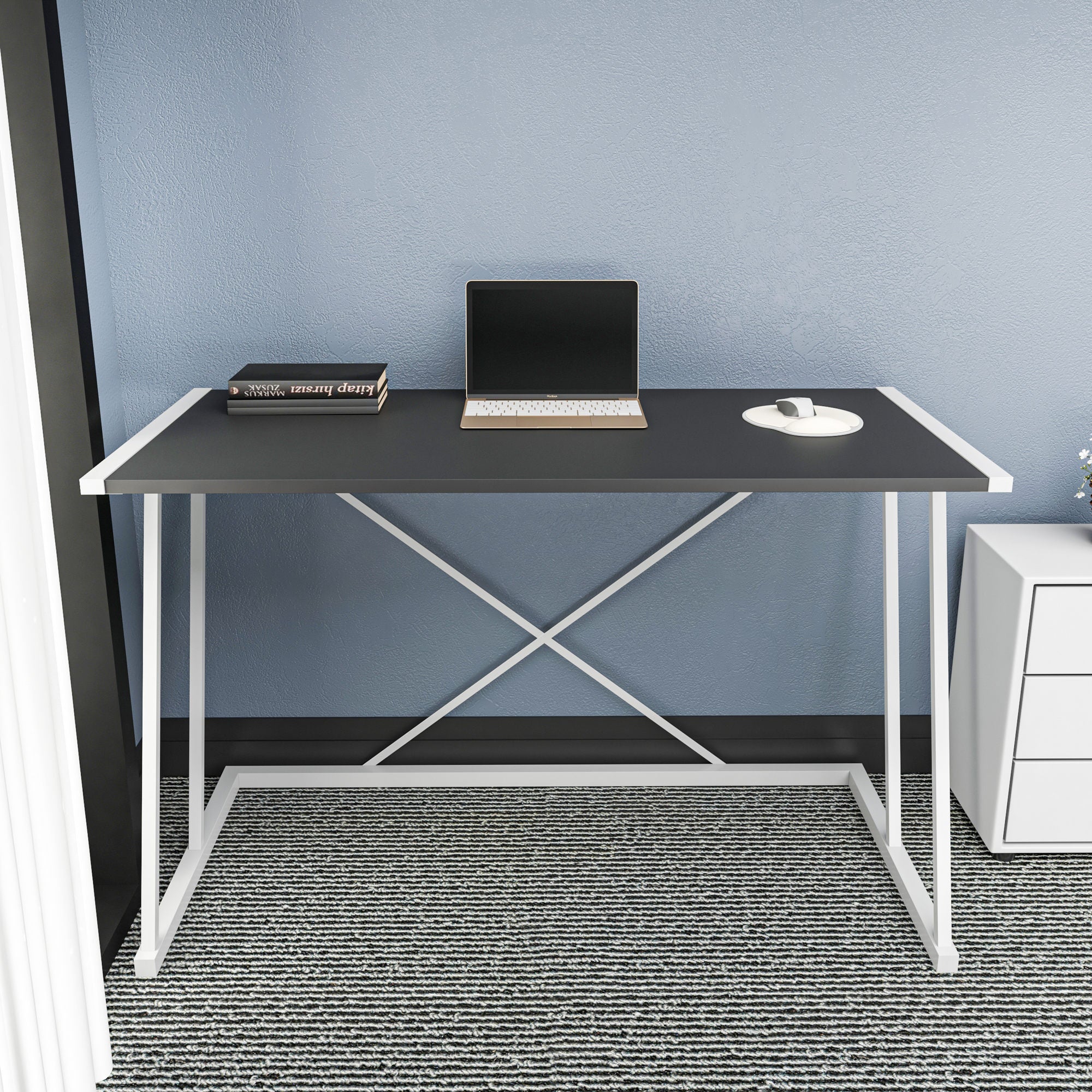 Secretária de Estudo/Escritório Moderna, Branca e Antracite, 114 x 60 x 75 cm | Painel de Partículas 100% Revestido em Melamina, 18 mm de Espessura, Estrutura de Metal Resistente | Ideal para Uso Residencial e Hoteleiro