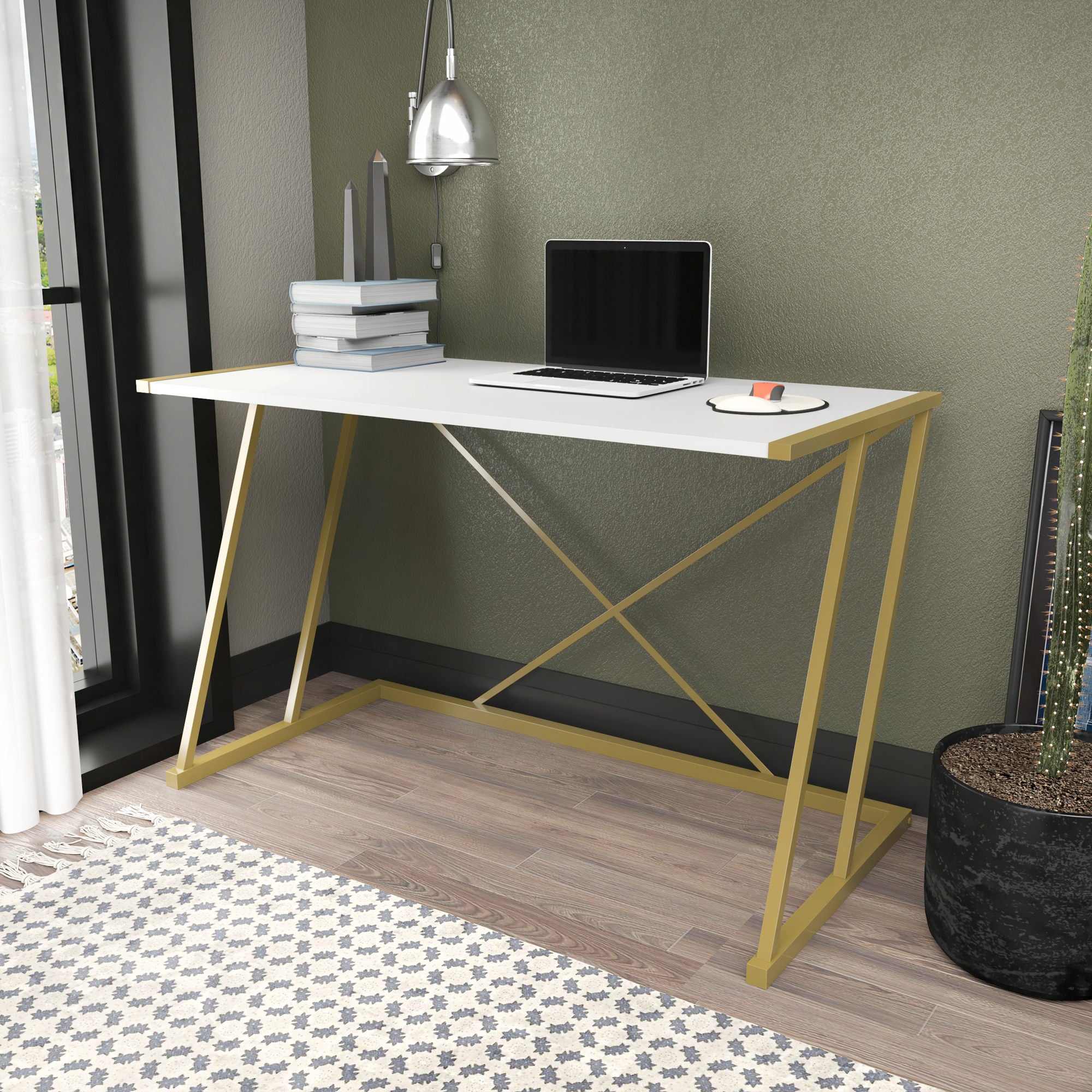 Secretária de Estudo/Escritório Moderna, Dourada e Branca, 114 x 60 x 75 cm | Painel de Partículas 100% Revestido em Melamina, 18 mm de Espessura, Estrutura de Metal Resistente | Design Glamouroso para Home Office
