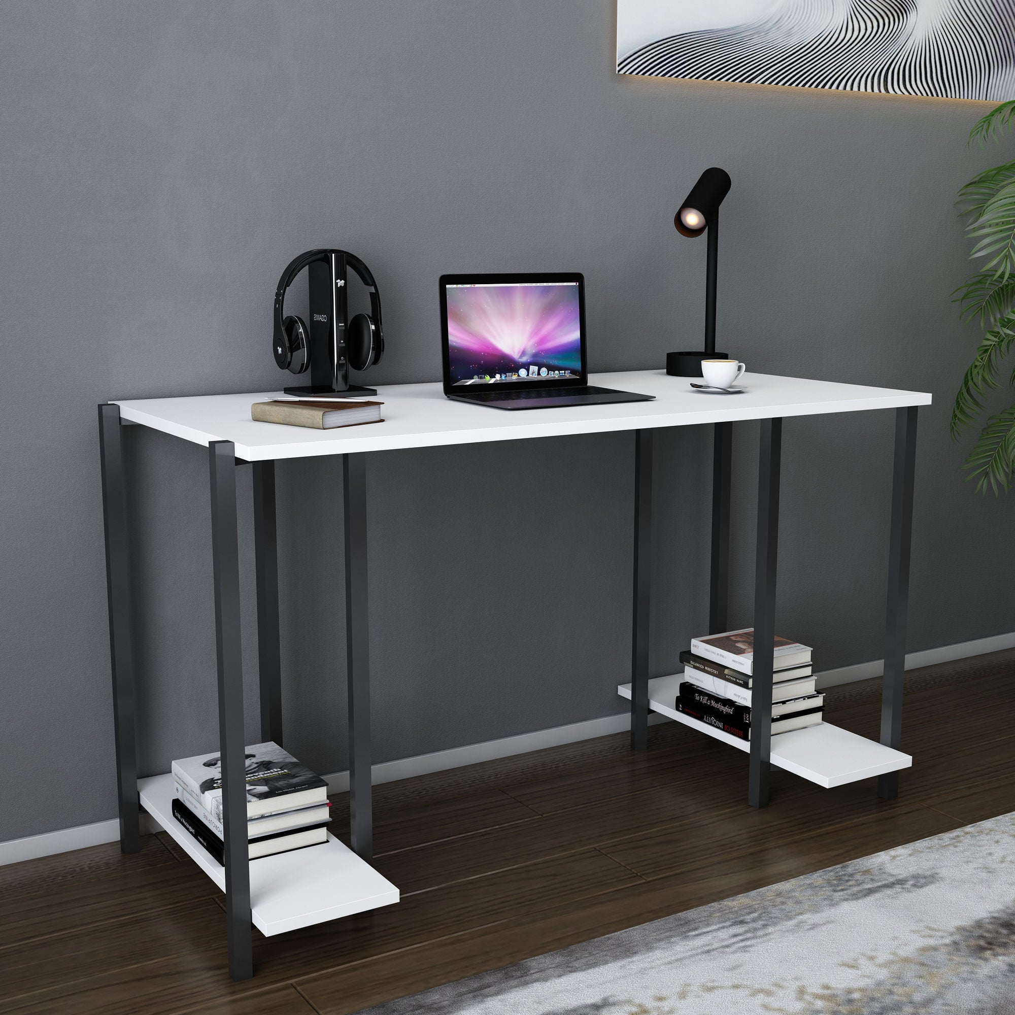 Secretária de Estudo/Escritório Moderna, Preta e Branca, 125,2 x 60 x 73,8 cm | Painel de Partículas 100% Revestido em Melamina, 18 mm de Espessura | Elegante e Funcional para Uso Doméstico ou Hoteleiro