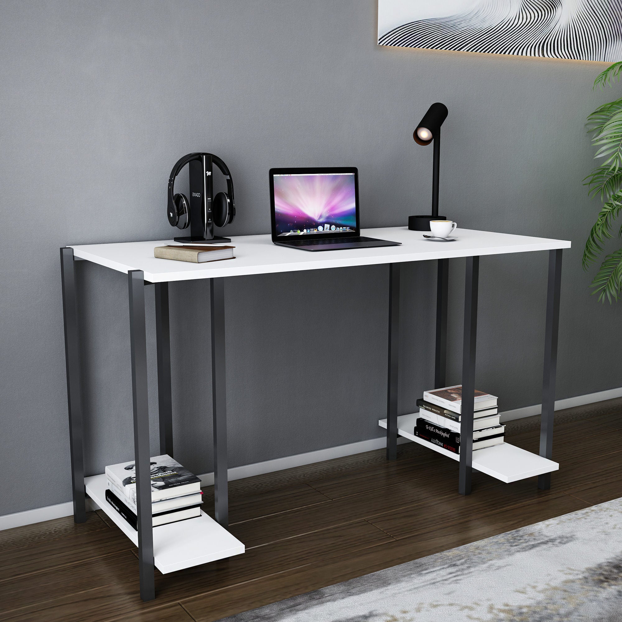 Secretária de Estudo/Escritório Moderna, Preta e Branca, 125,2 x 60 x 73,8 cm | Painel de Partículas 100% Revestido em Melamina, 18 mm de Espessura | Elegante e Funcional para Uso Doméstico ou Hoteleiro