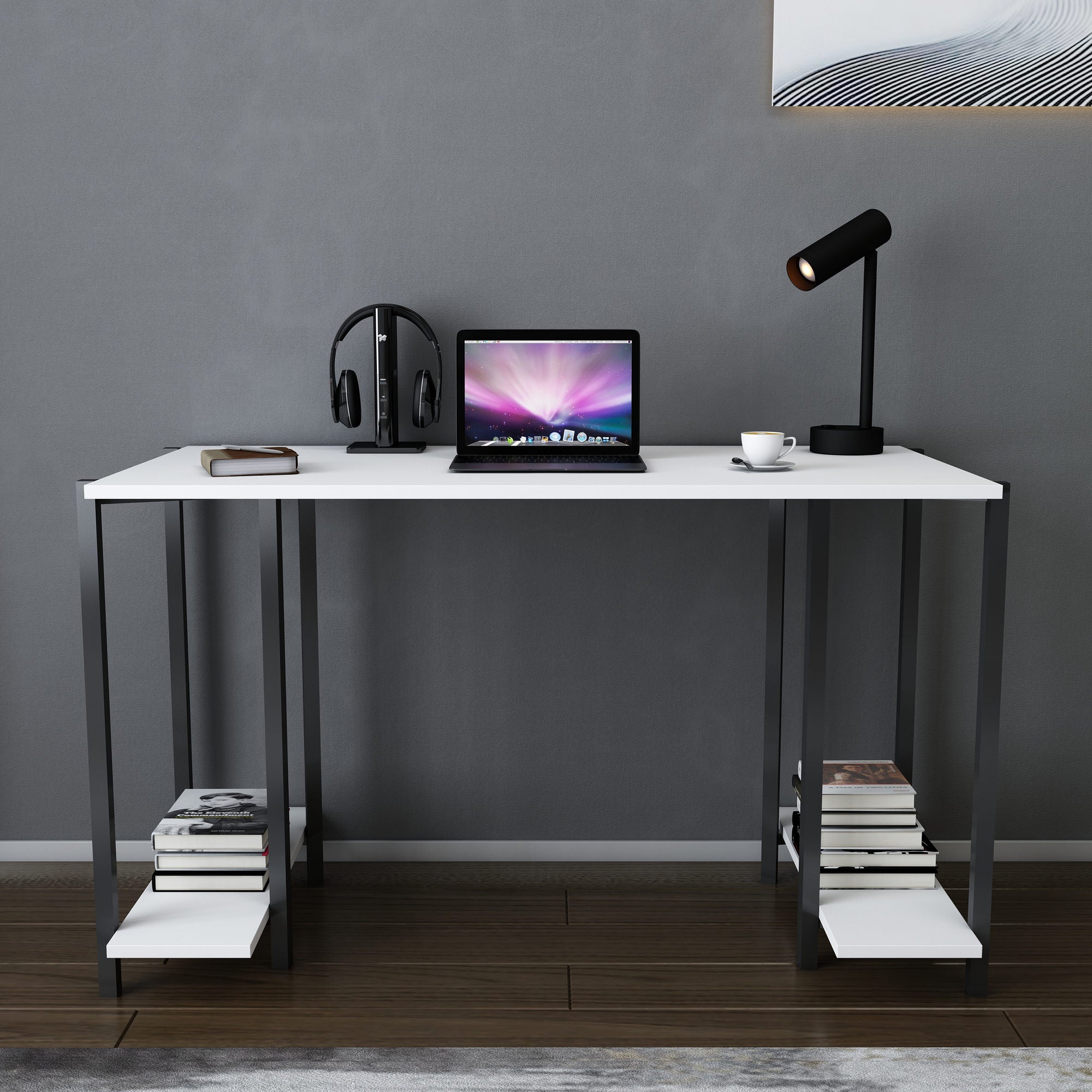 Secretária de Estudo/Escritório Moderna, Preta e Branca, 125,2 x 60 x 73,8 cm | Painel de Partículas 100% Revestido em Melamina, 18 mm de Espessura | Elegante e Funcional para Uso Doméstico ou Hoteleiro