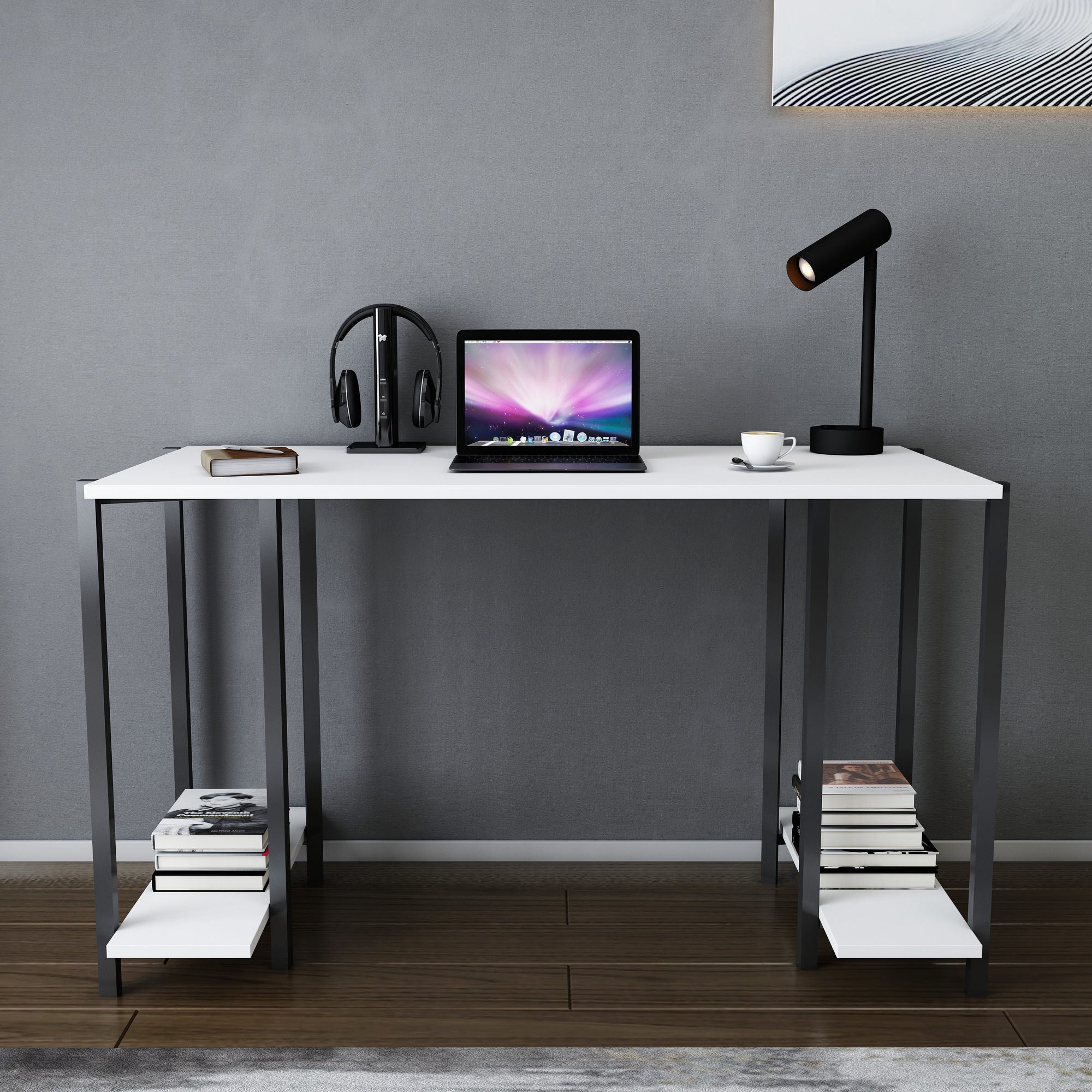 Secretária de Estudo/Escritório Moderna, Preta e Branca, 125,2 x 60 x 73,8 cm | Painel de Partículas 100% Revestido em Melamina, 18 mm de Espessura | Elegante e Funcional para Uso Doméstico ou Hoteleiro