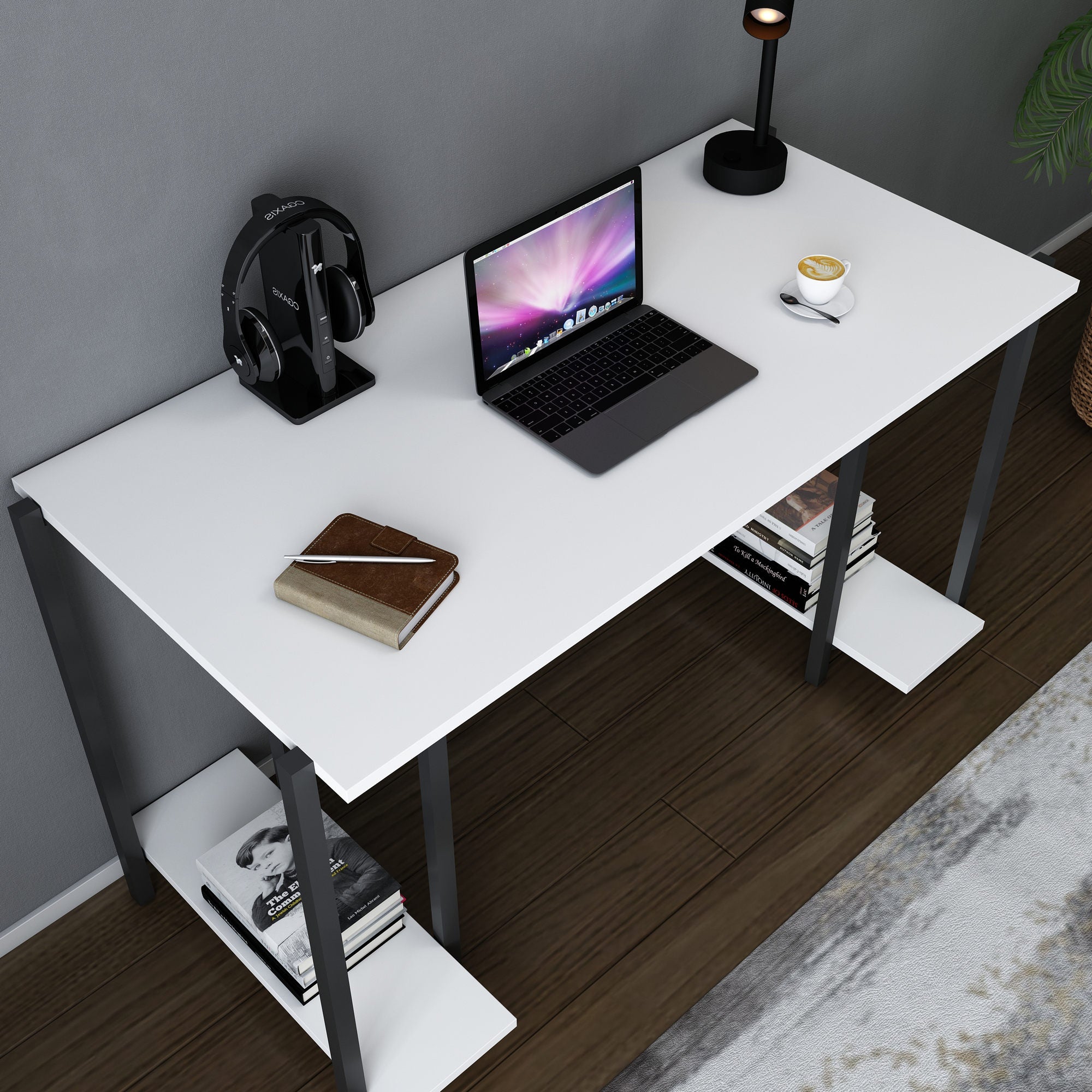 Secretária de Estudo/Escritório Moderna, Preta e Branca, 125,2 x 60 x 73,8 cm | Painel de Partículas 100% Revestido em Melamina, 18 mm de Espessura | Elegante e Funcional para Uso Doméstico ou Hoteleiro
