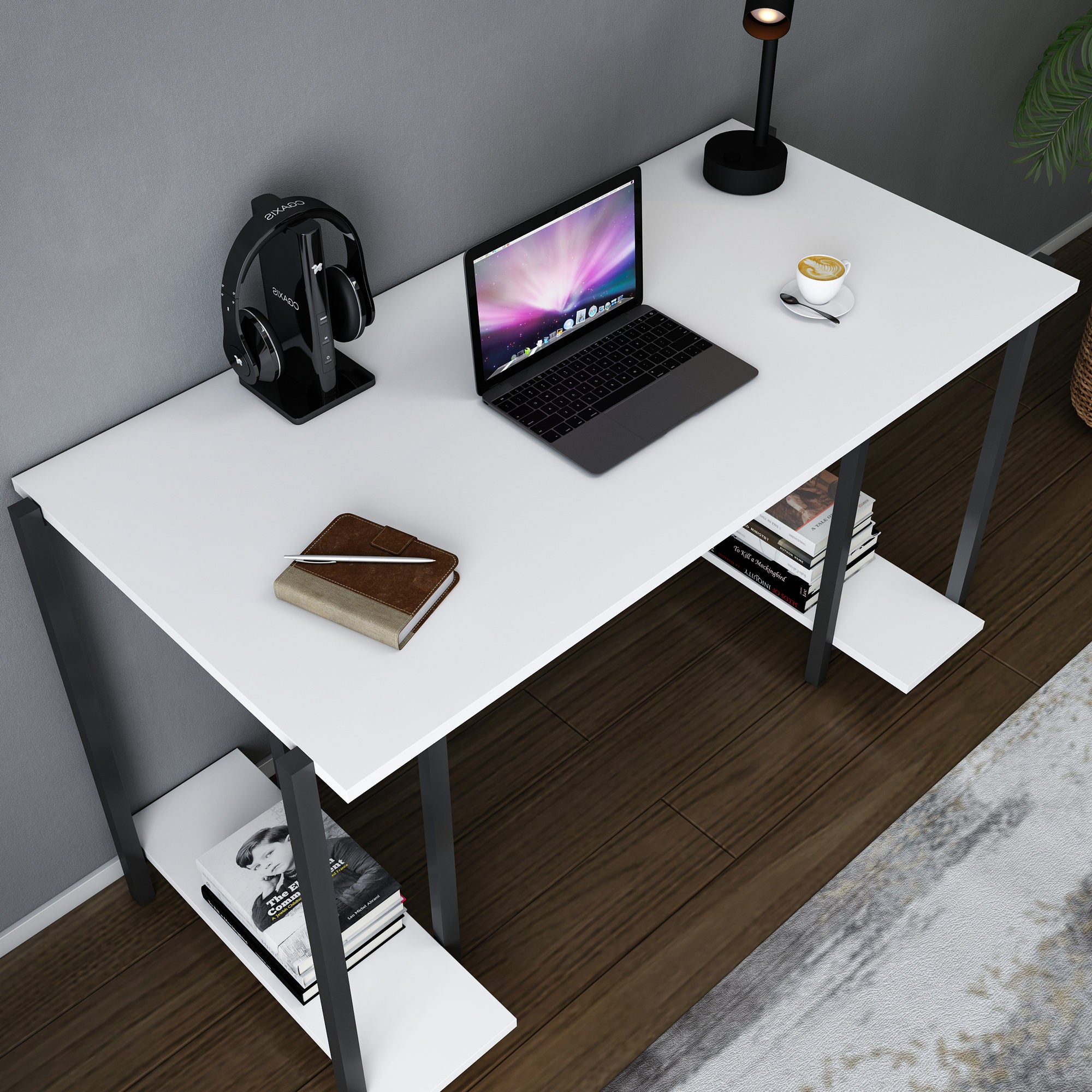 Secretária de Estudo/Escritório Moderna, Preta e Branca, 125,2 x 60 x 73,8 cm | Painel de Partículas 100% Revestido em Melamina, 18 mm de Espessura | Elegante e Funcional para Uso Doméstico ou Hoteleiro