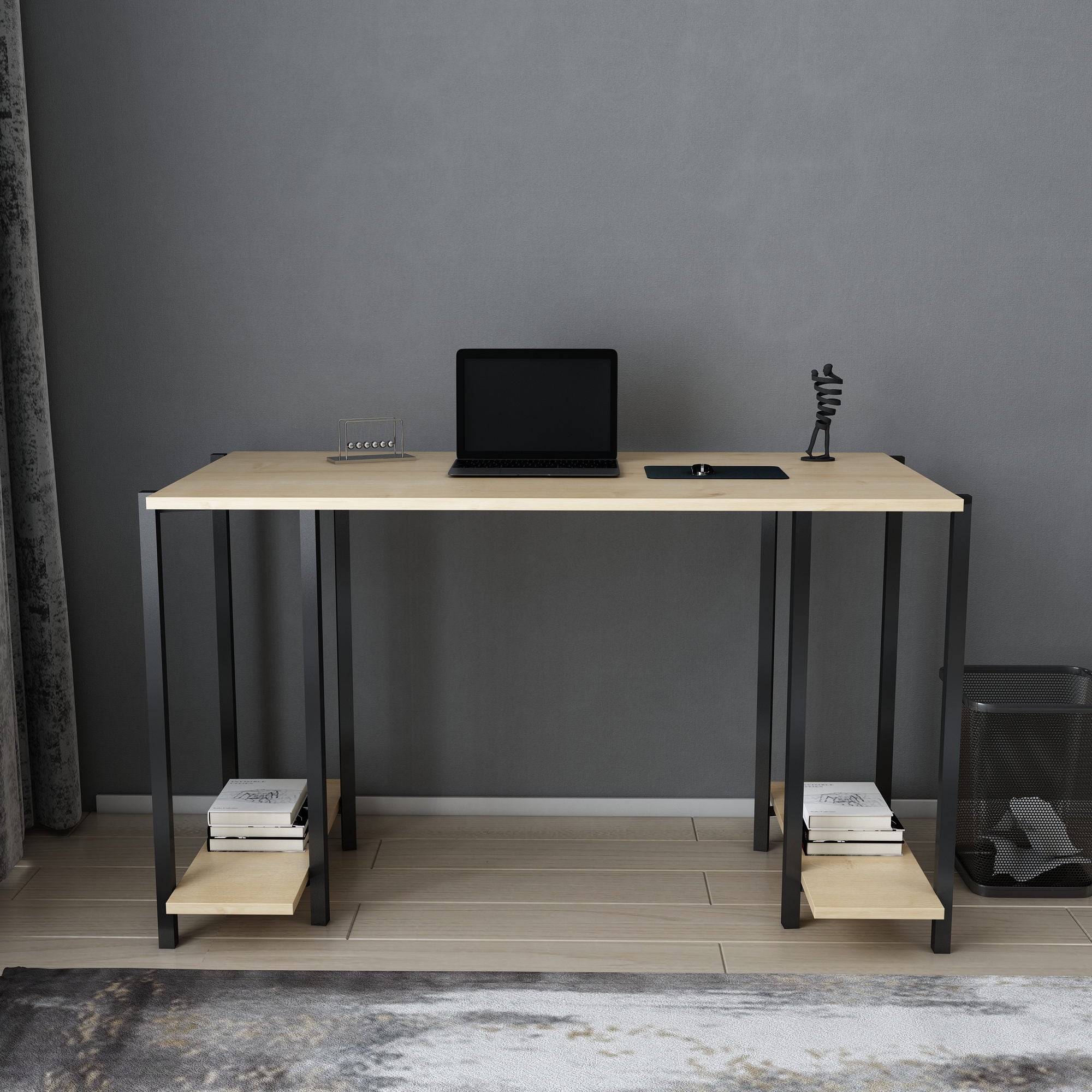 Secretária de Estudo/Escritório Moderna, Preta e Carvalho, 125,2 x 60 x 73,8 cm | Painel de Partículas 100% Revestido em Melamina, 18 mm de Espessura | Elegante e Funcional para Casa ou Escritório