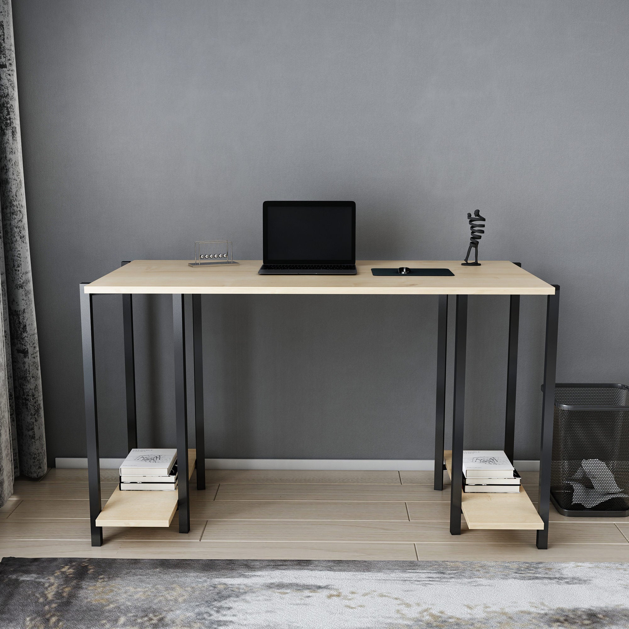 Secretária de Estudo/Escritório Moderna, Preta e Carvalho, 125,2 x 60 x 73,8 cm | Painel de Partículas 100% Revestido em Melamina, 18 mm de Espessura | Elegante e Funcional para Casa ou Escritório