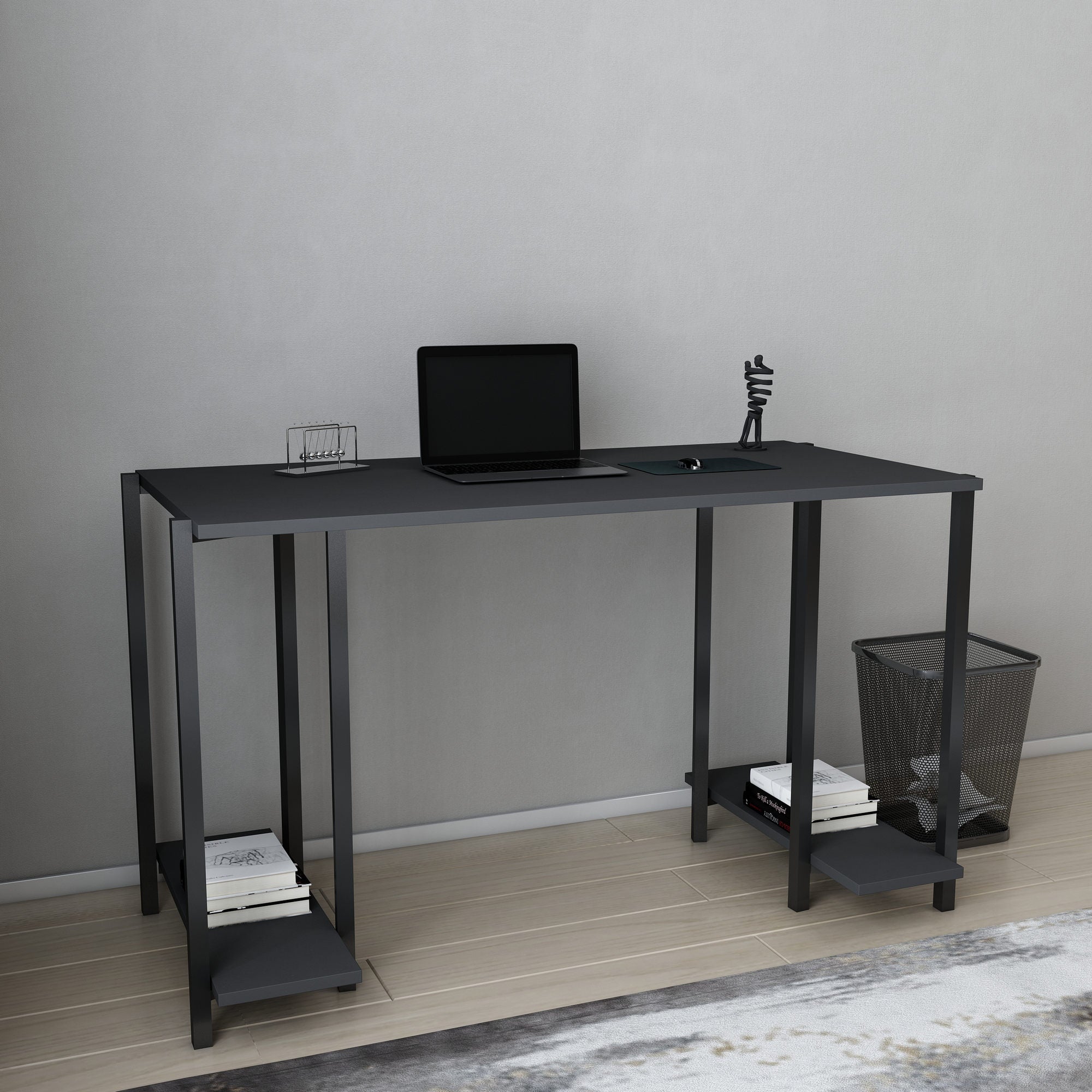 Secretária de Estudo/Escritório Moderna, Preta e Antracite, 125,2 x 60 x 73,8 cm | Painel de Partículas 100% Revestido em Melamina, 18 mm de Espessura | Ideal para Escritórios Domésticos e Espaços Industriais