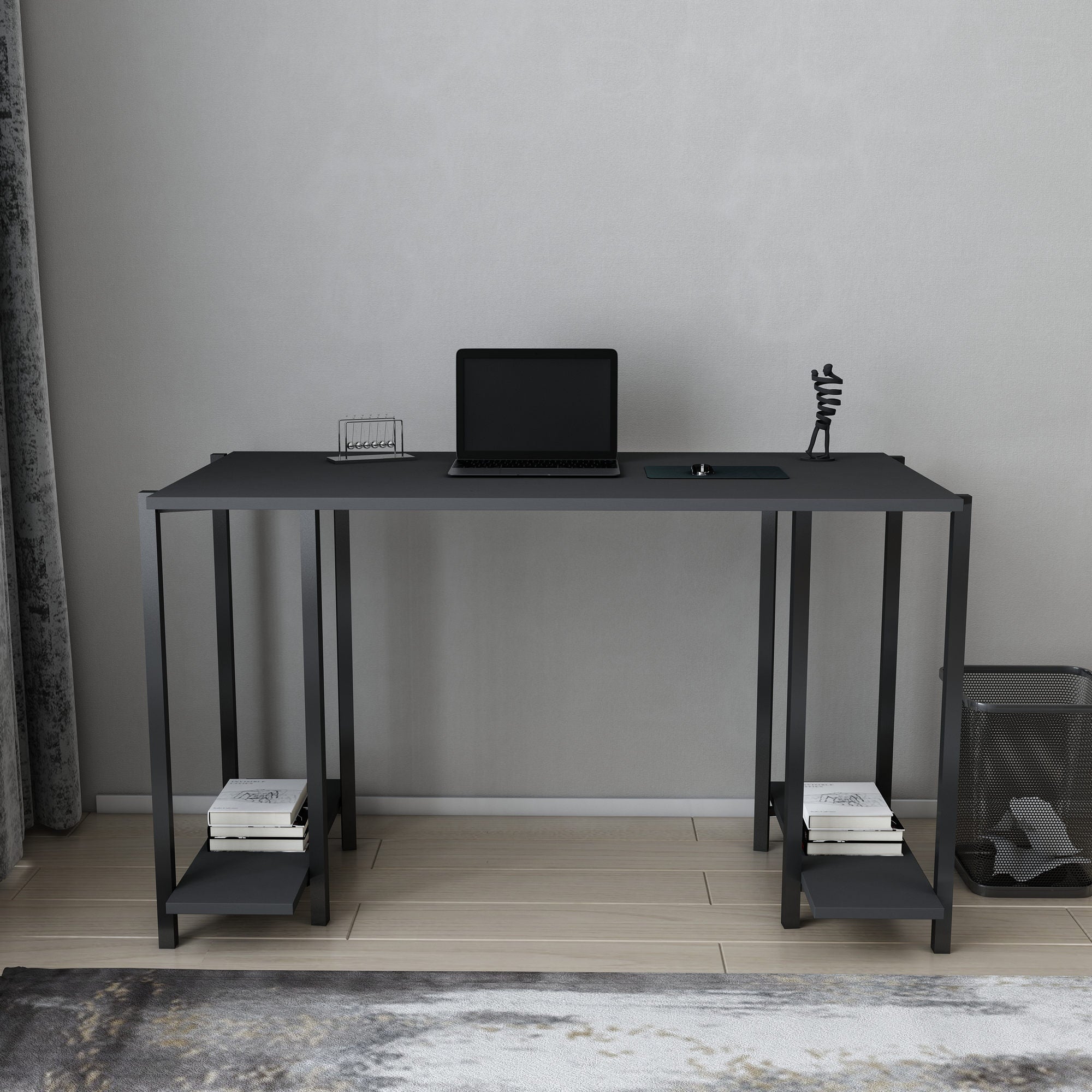 Secretária de Estudo/Escritório Moderna, Preta e Antracite, 125,2 x 60 x 73,8 cm | Painel de Partículas 100% Revestido em Melamina, 18 mm de Espessura | Ideal para Escritórios Domésticos e Espaços Industriais