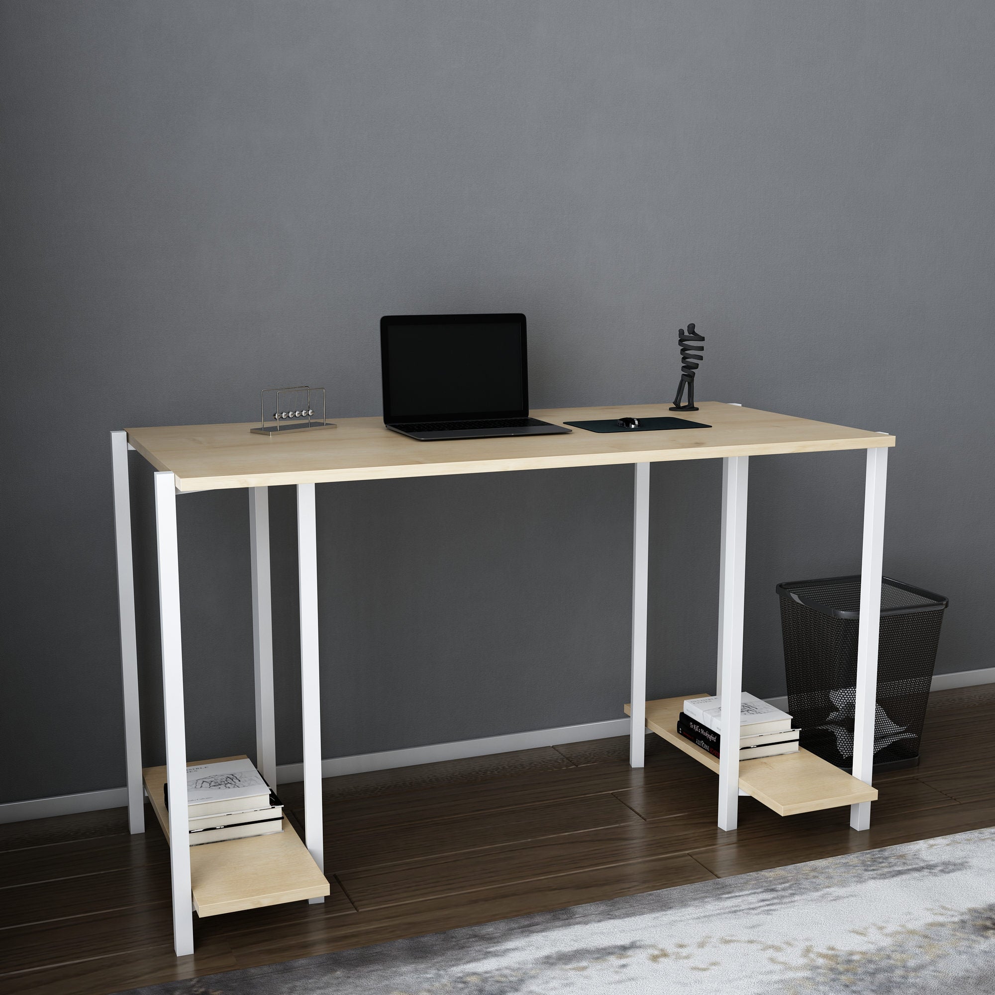 Secretária de Estudo/Escritório Moderna, Branca e Carvalho, 125,2 x 60 x 73,8 cm | Painel de Partículas 100% Revestido em Melamina, 18 mm de Espessura | Design Escandinavo Elegante para Casa e Escritório