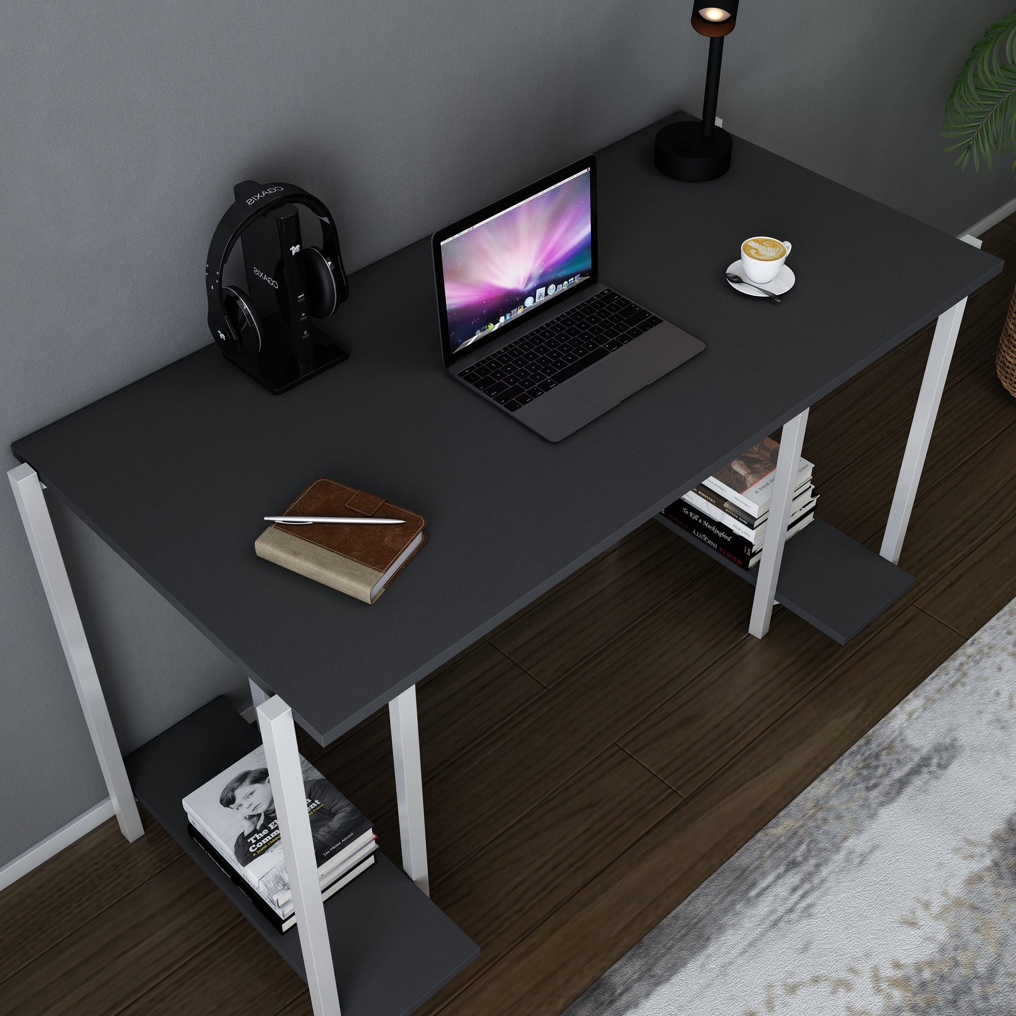 Secretária de Estudo/Escritório Moderna, Branca e Antracite, 125,2 x 60 x 73,8 cm | Painel de Partículas 100% Revestido em Melamina, 18 mm de Espessura | Elegante e Funcional para Casa ou Hotel