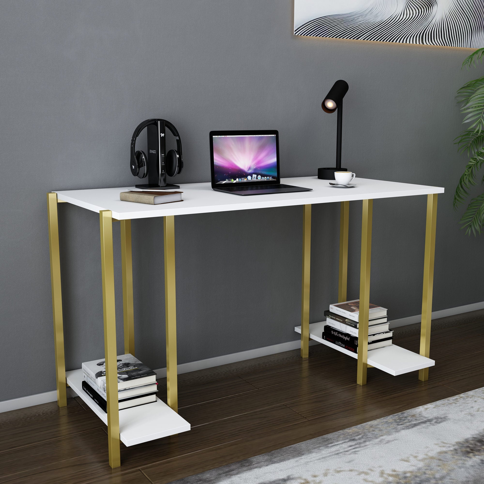 Secretária de Estudo/Escritório Moderna, Dourada e Branca, 125,2 x 60 x 73,8 cm | Painel de Partículas 100% Revestido em Melamina, 18 mm de Espessura | Design Elegante para Casa e Escritório