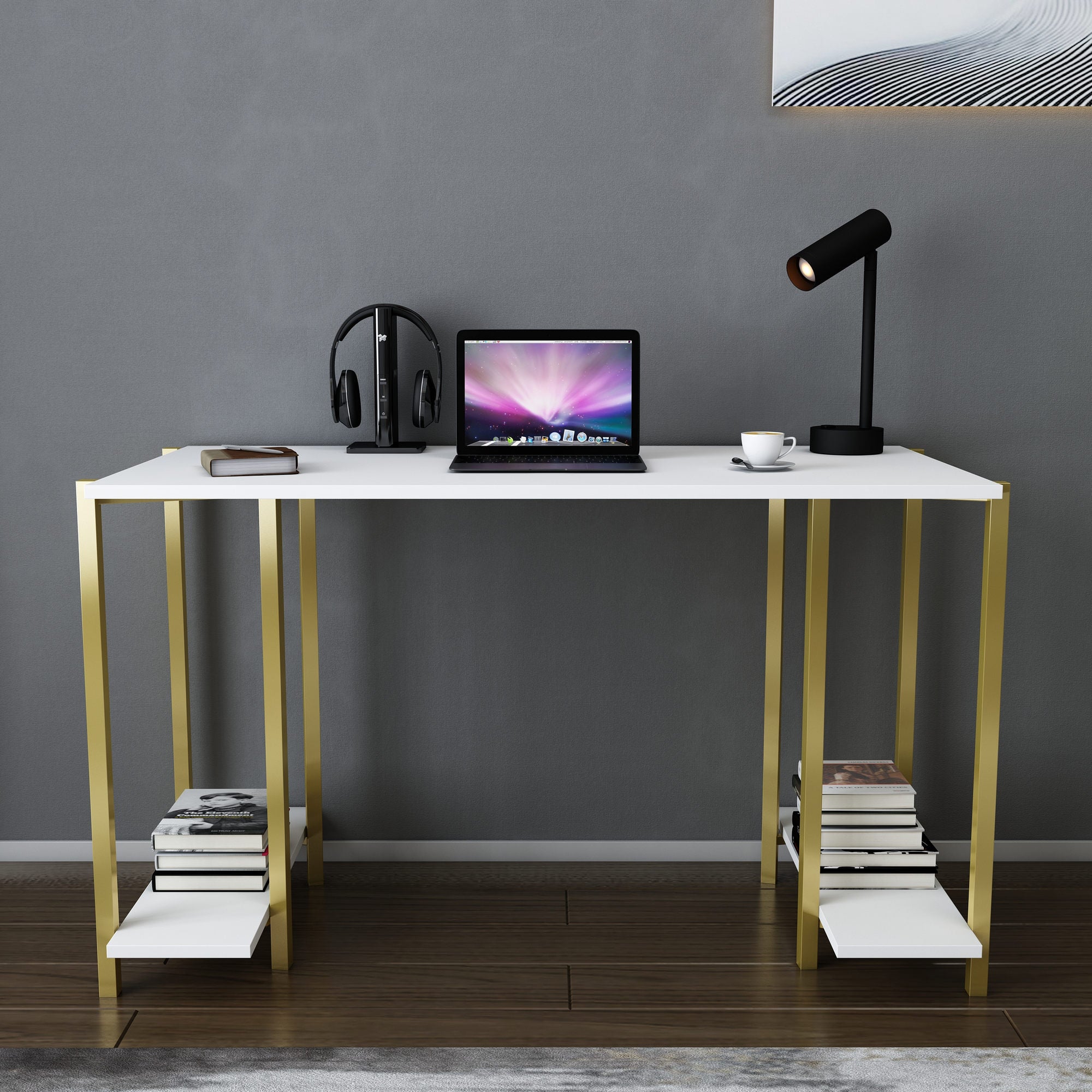 Secretária de Estudo/Escritório Moderna, Dourada e Branca, 125,2 x 60 x 73,8 cm | Painel de Partículas 100% Revestido em Melamina, 18 mm de Espessura | Design Elegante para Casa e Escritório
