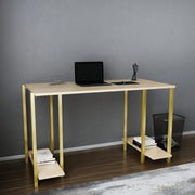 Secretária de Estudo/Escritório Moderna, Dourado e Carvalho, 125,2 x 60 x 73,8 cm | Painel de Partículas 100% Revestido em Melamina, 18 mm de Espessura | Design Elegante para Casa e Escritório